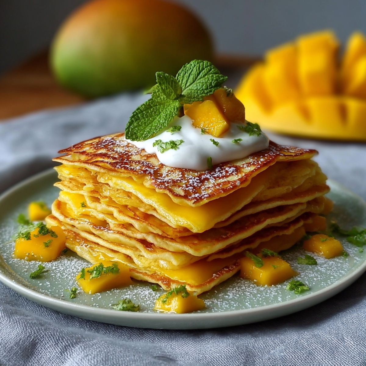 Stack of golden mango pancakes topped with fresh mango chunks, whipped cream, and mint on a gray plate