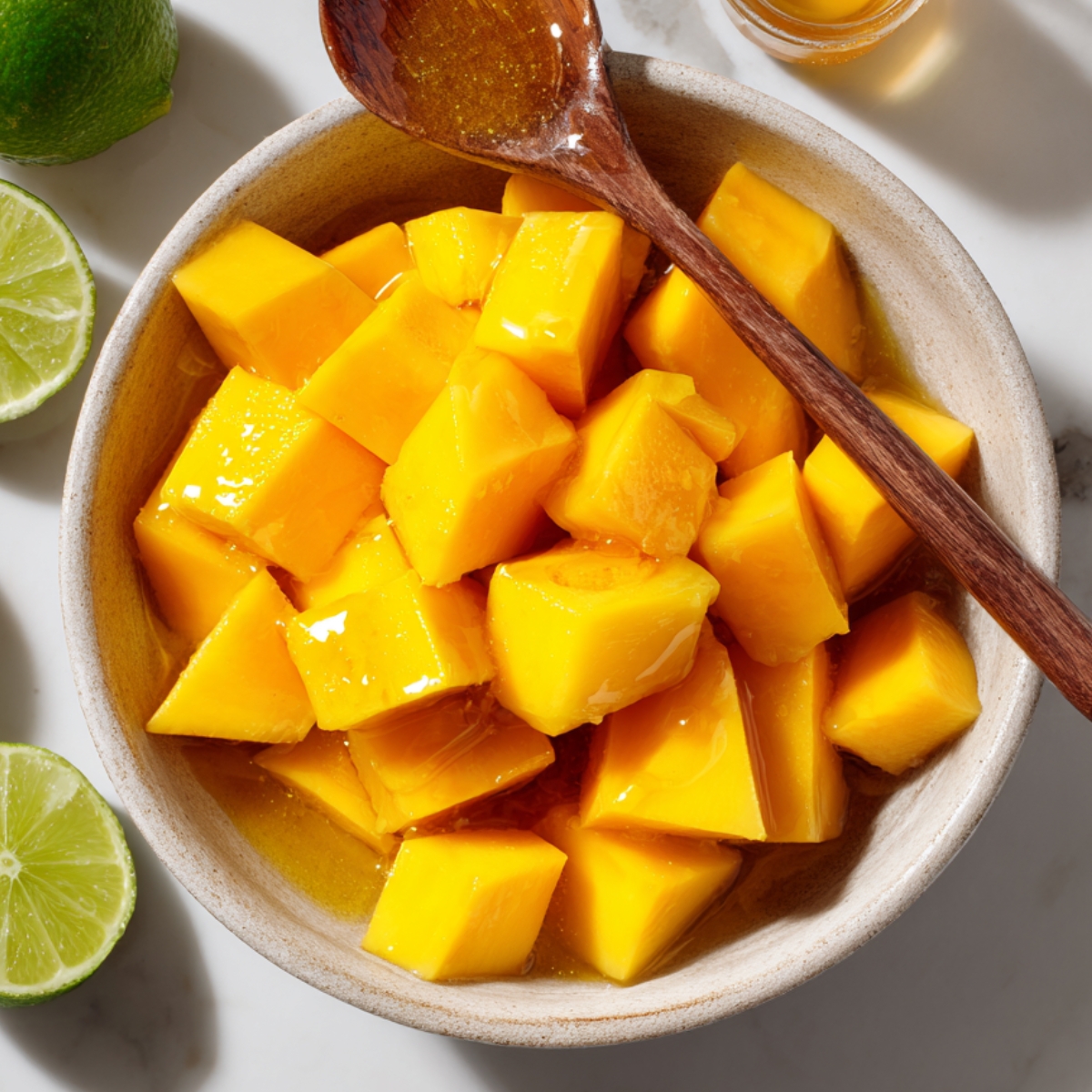 Close-up shot of fresh ripe mango chunks in a ceramic bowl with lime halves and honey on a marble surface