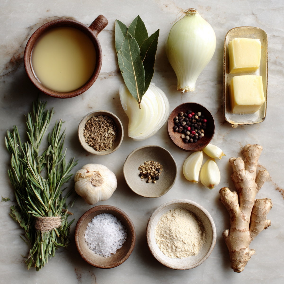 Ingredients on a marble surface: onion, garlic, ginger, fresh rosemary, bay leaves, black pepper, butter, broth, and seasonings.