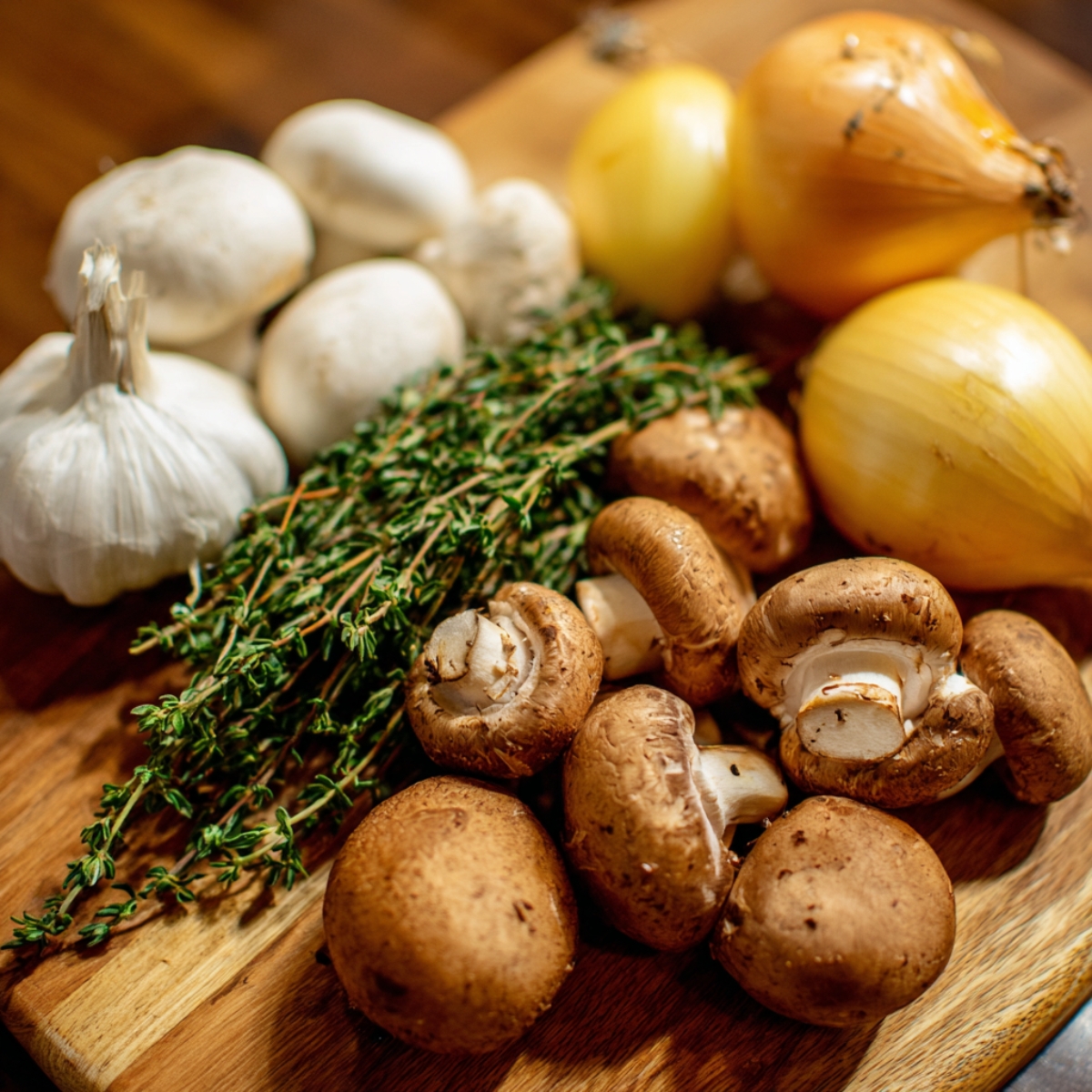 Fresh mushrooms, onions, garlic, and thyme on a wooden cutting board.
