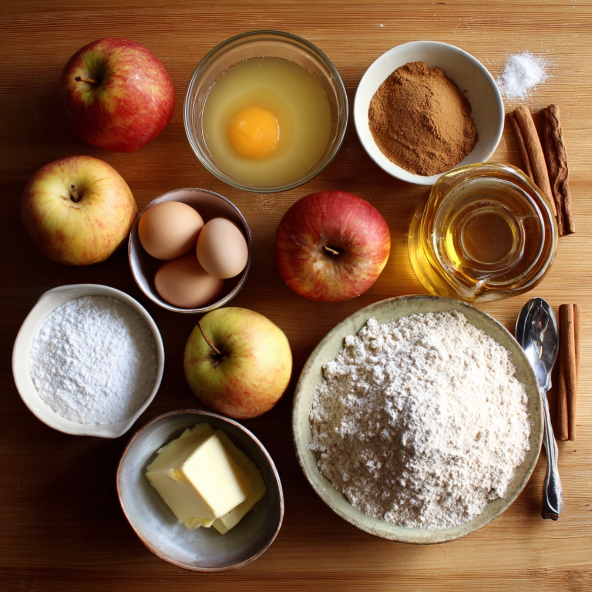 Recipe ingredients (apples, eggs, flour, butter, sugar, cinnamon, oil) arranged neatly on a wooden surface.