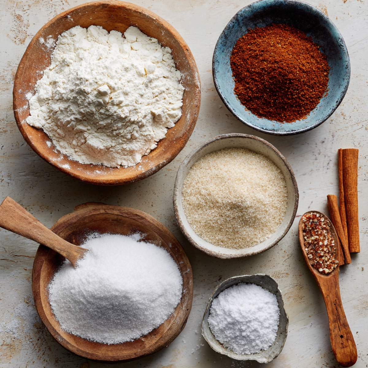 Dry ingredients (flour, sugar, salt, cinnamon) displayed in wooden and ceramic bowls.