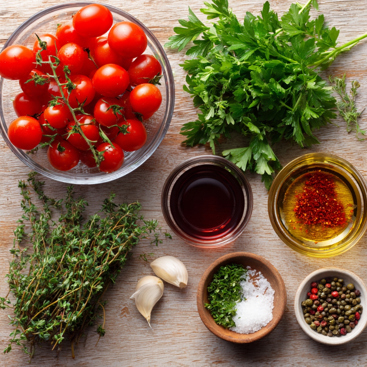 Ingredients for Mediterranean octopus, including cherry tomatoes, parsley, thyme, garlic, olive oil, vinegar, salt, and pepper.