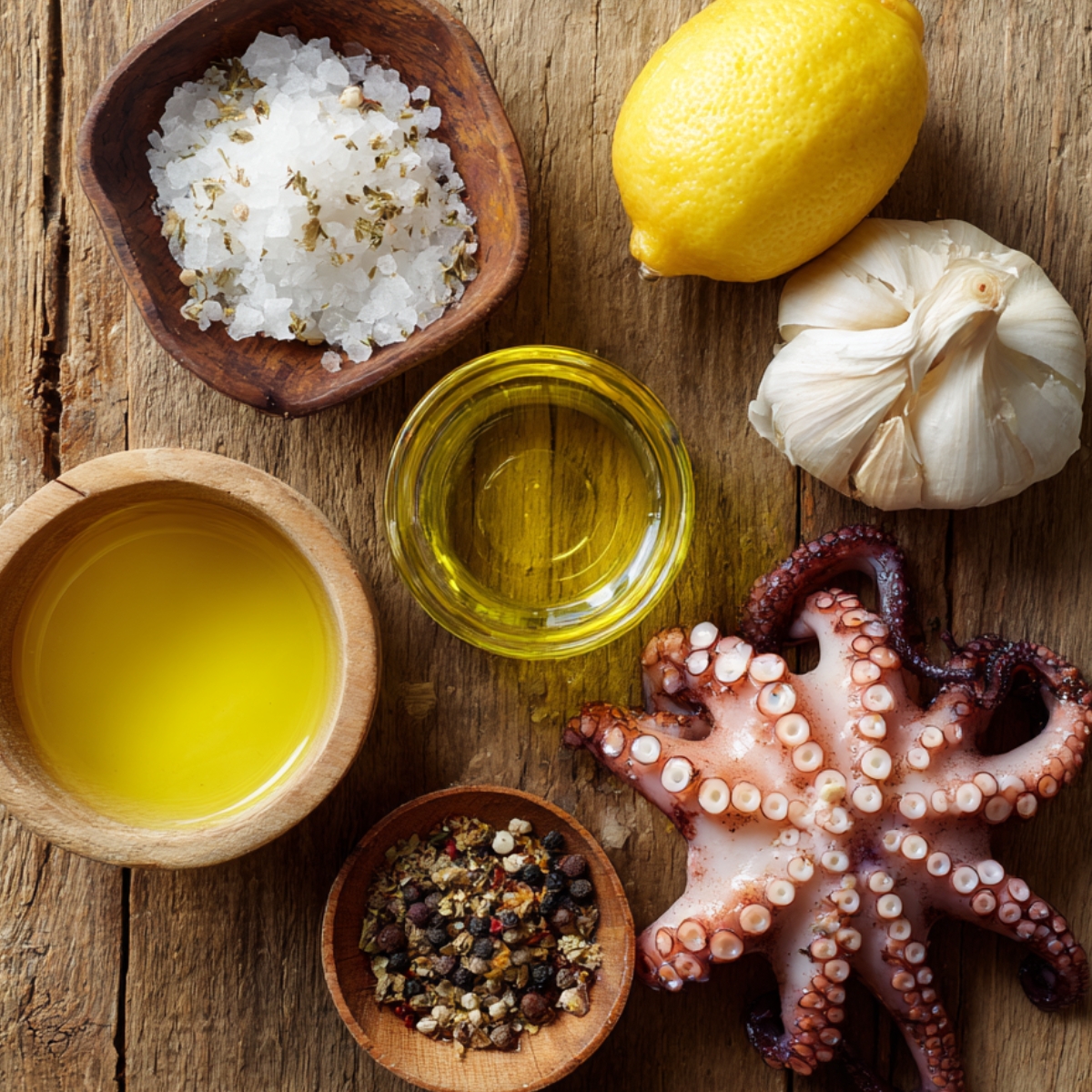 Fresh baby octopus with lemon, garlic, olive oil, sea salt, and pepper on a wooden surface.