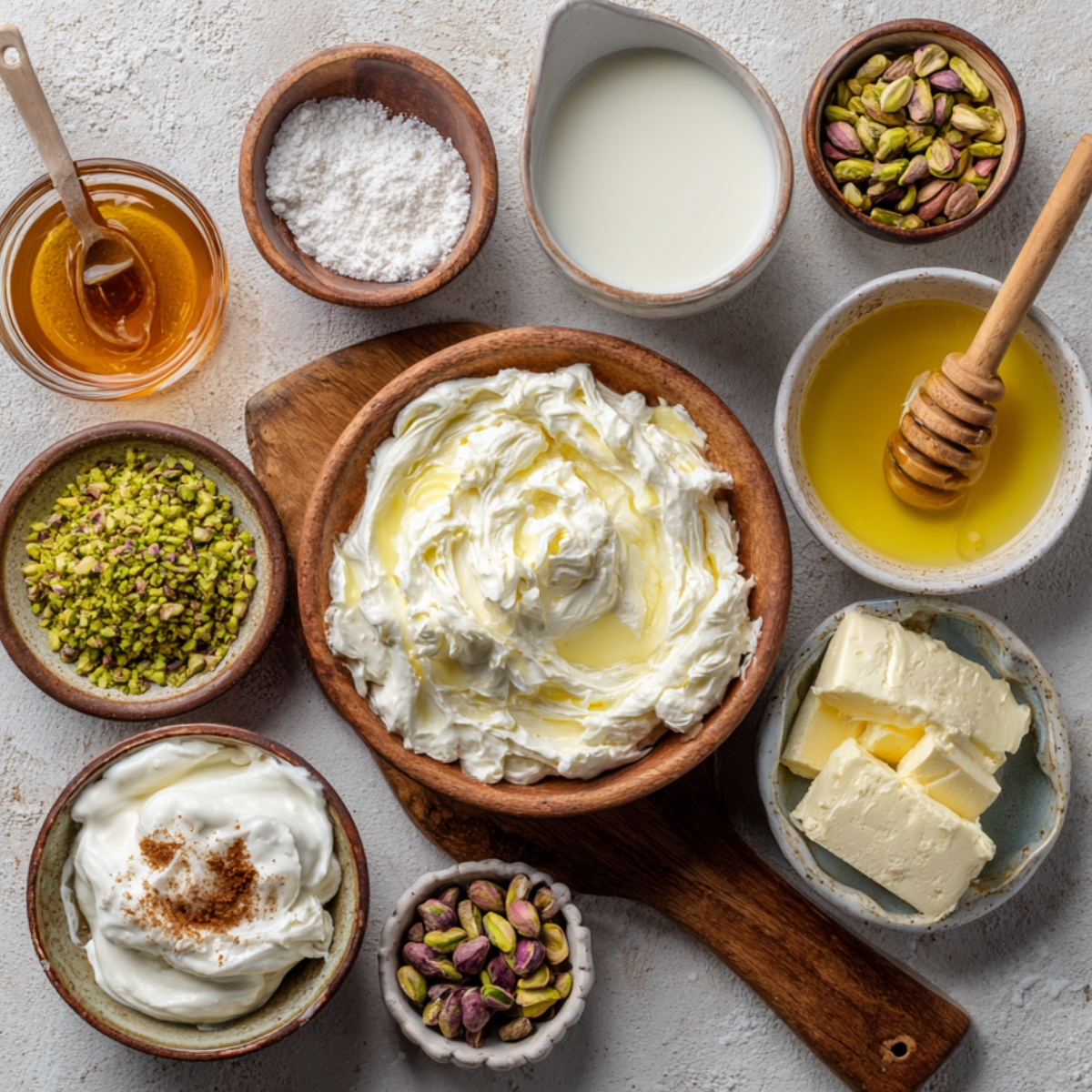 Baklava cheesecake ingredients in wooden and ceramic bowls: cream cheese, Greek yogurt, butter, honey, chopped and whole pistachios, milk, and powdered sugar.