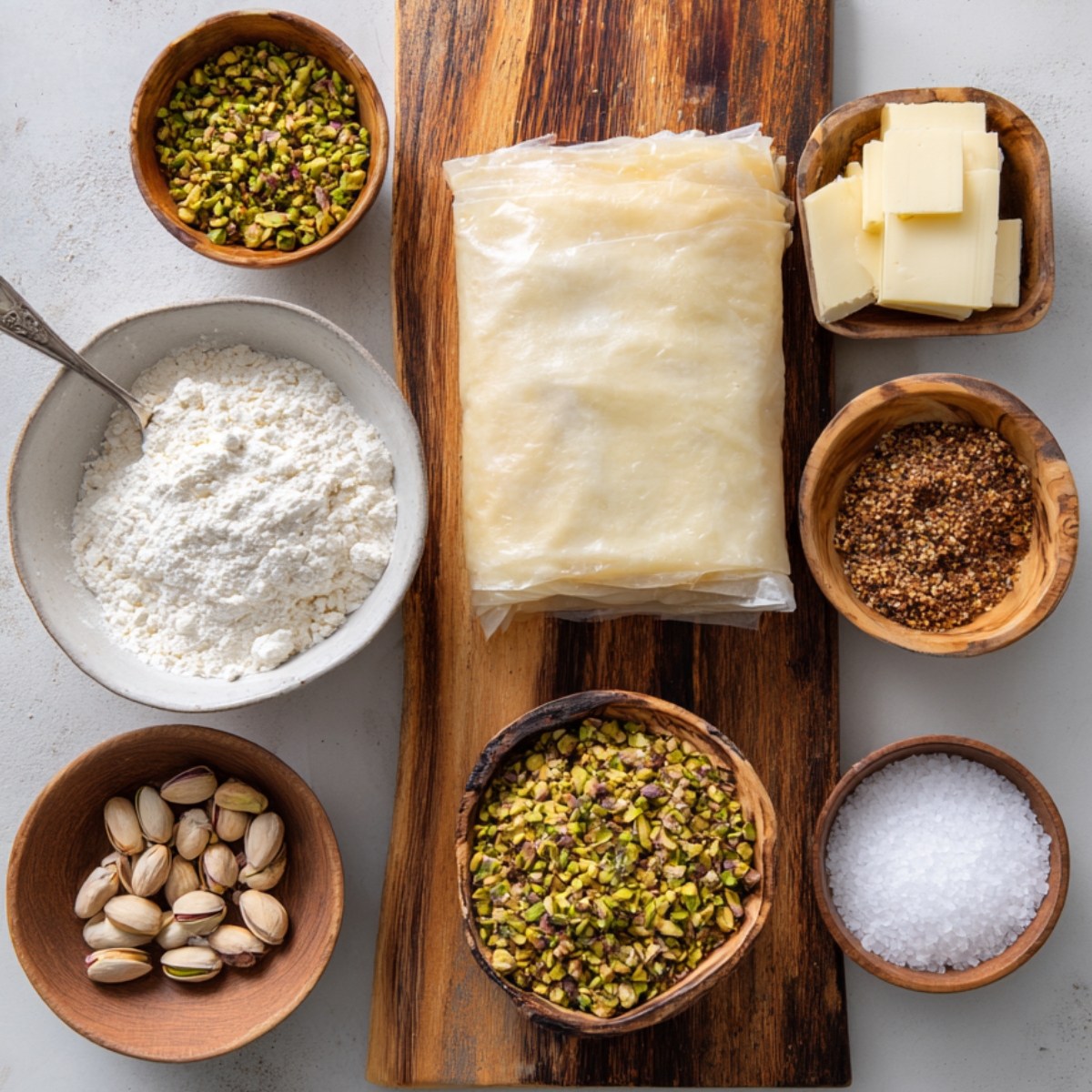 Baklava base ingredients arranged on a wooden board: wrapped phyllo dough, flour, butter, a mix of chopped pistachios, whole pistachios, sugar, and sesame seeds or similar.