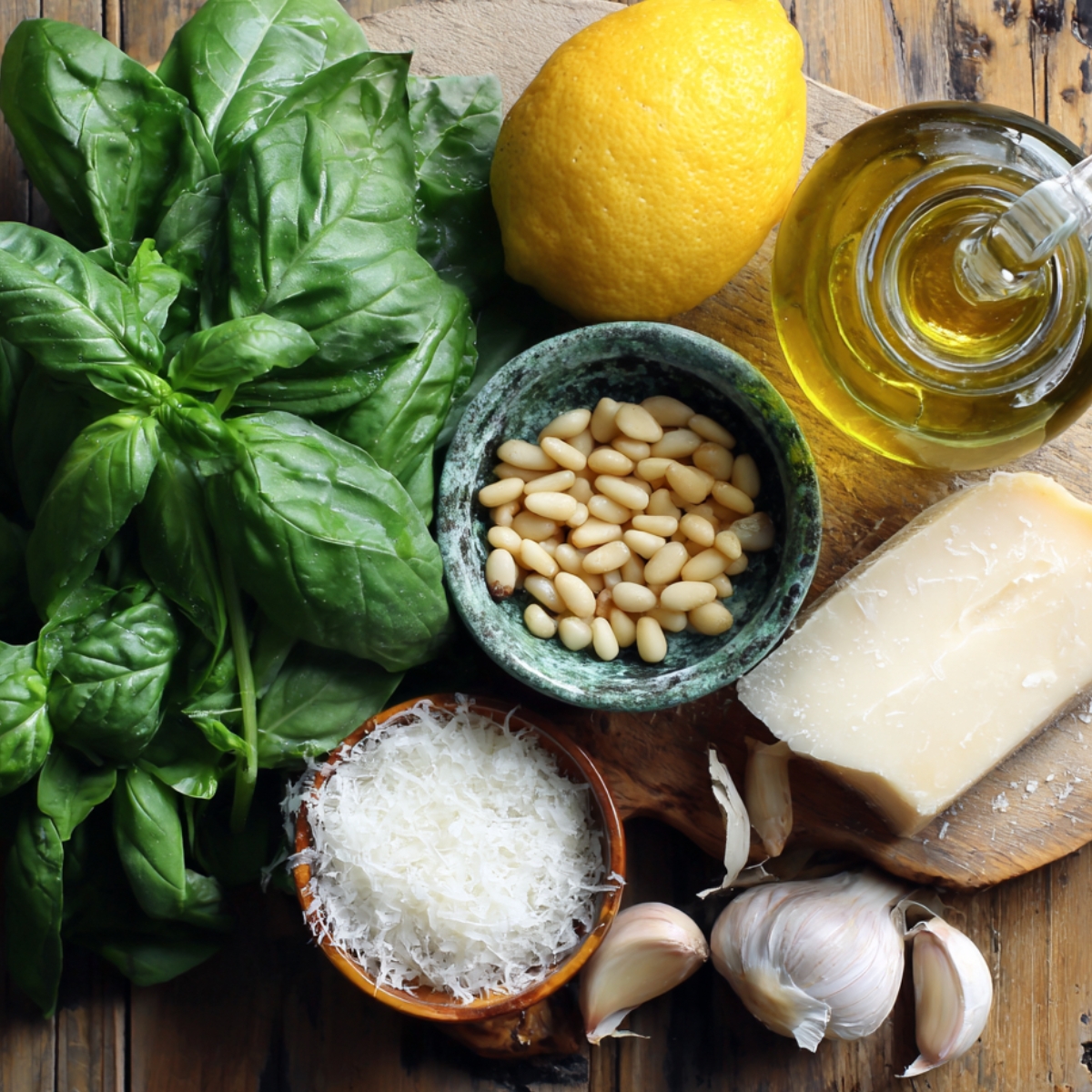 A rustic arrangement of pesto ingredients: fresh basil, lemon, olive oil, pine nuts, Parmesan cheese, and garlic cloves.