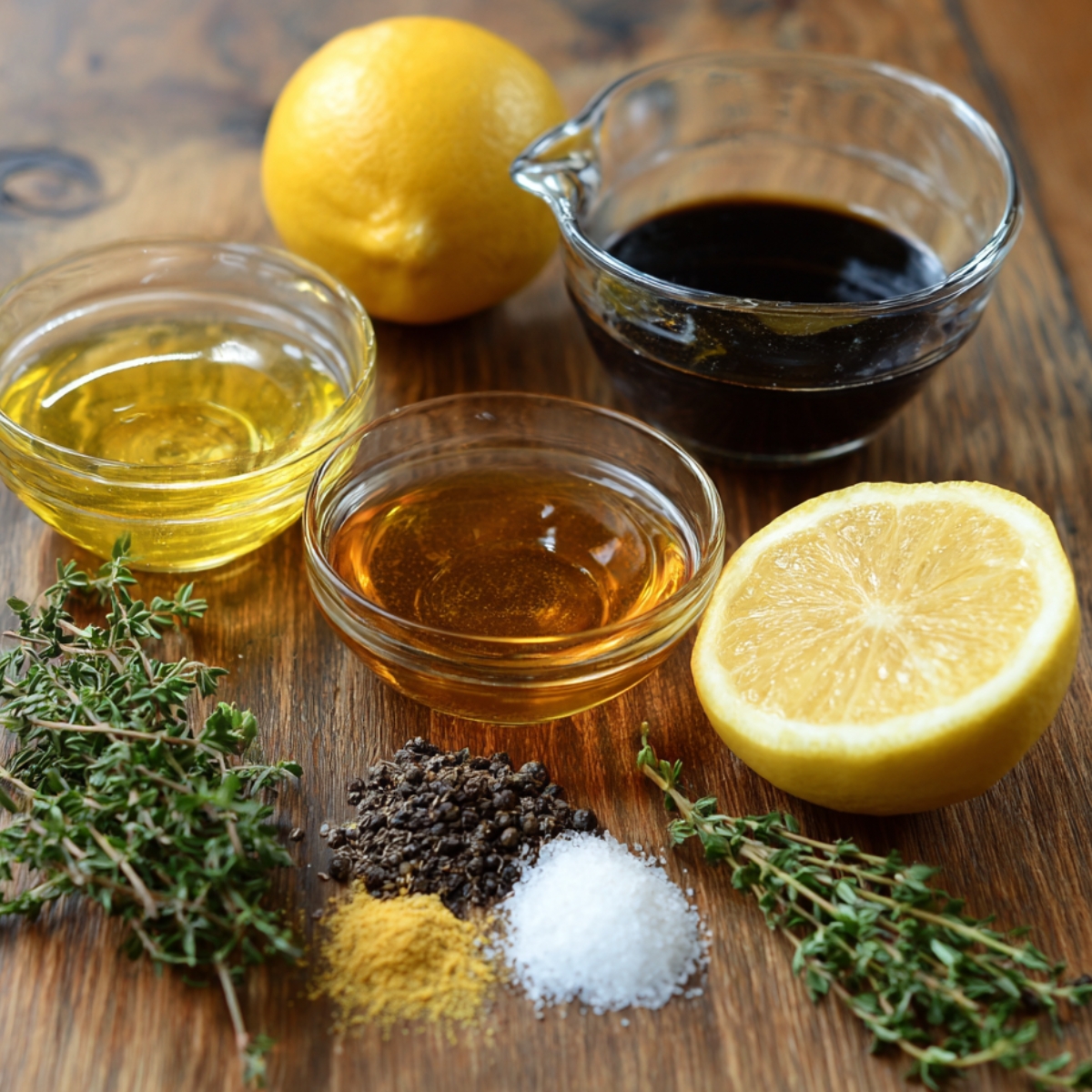A wooden table with small glass bowls of olive oil, honey, and balsamic vinegar, fresh thyme sprigs, lemon halves, black pepper, salt, and mustard powder.