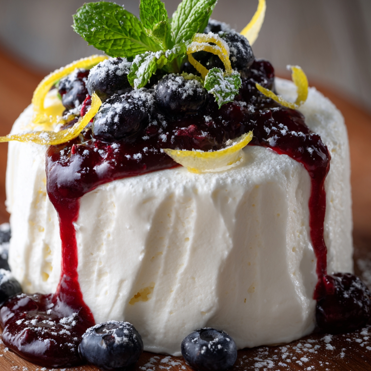 Un dessert élégant à base de crème fouettée garni de coulis de myrtilles, zestes de citron confits, myrtilles fraîches, feuilles de menthe, et sucre glace sur une planche en bois.