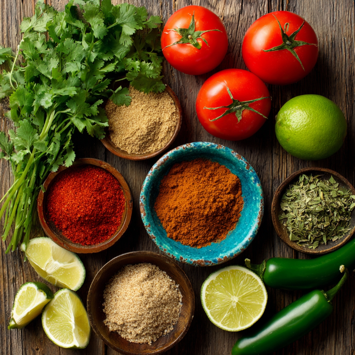 Fresh ingredients for Mexican cooking including cilantro, tomatoes, lime, jalapeños, and assorted spices in bowls on a rustic wooden table