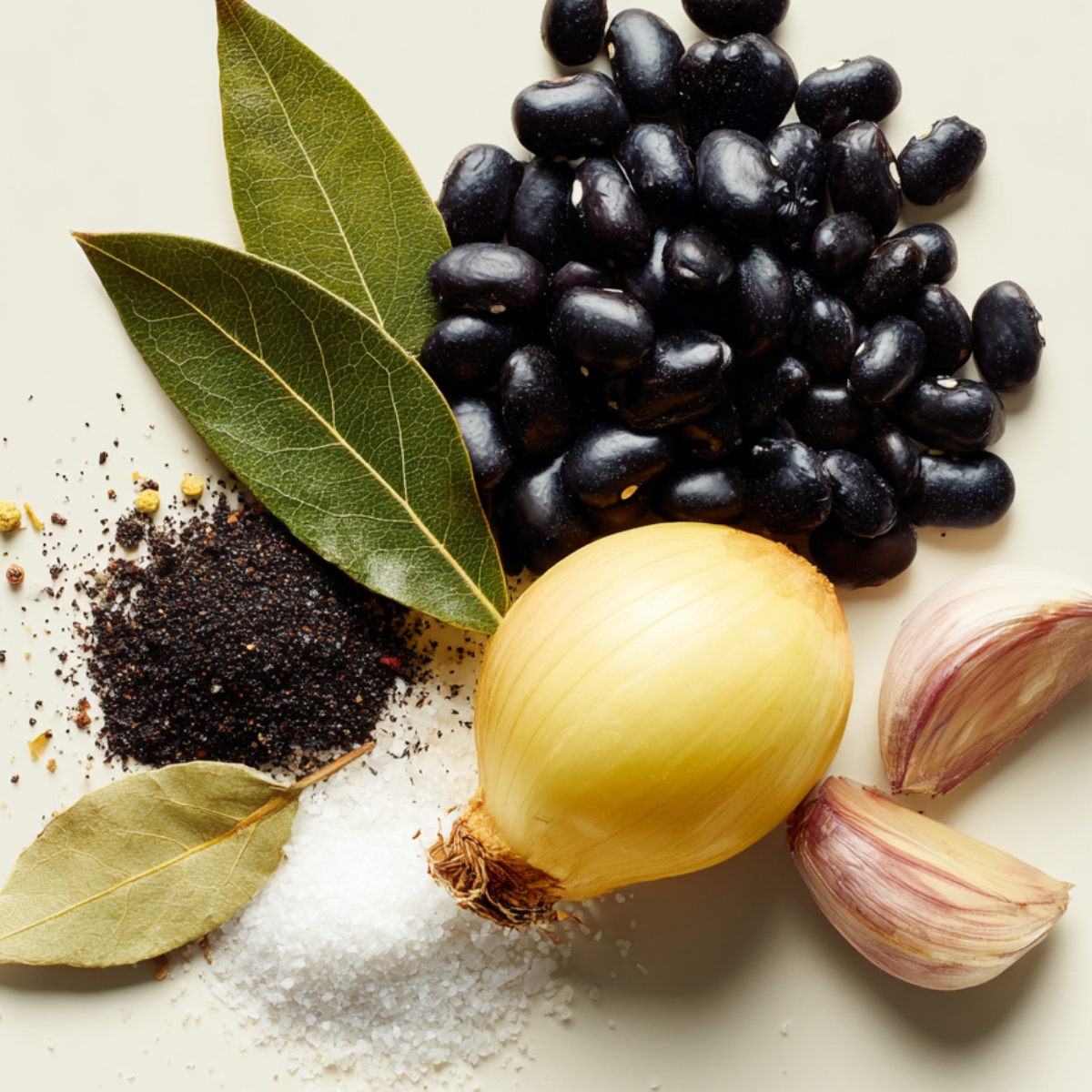 Black beans, yellow onion, garlic cloves, bay leaves, salt, and peppercorns arranged on a light background