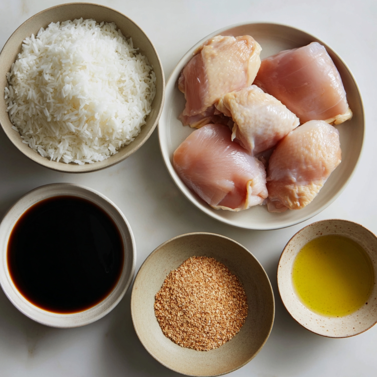 Uncooked boneless chicken thighs, white rice, soy sauce, oil, and seasoning laid out in ceramic bowls for stir-fry preparation.
