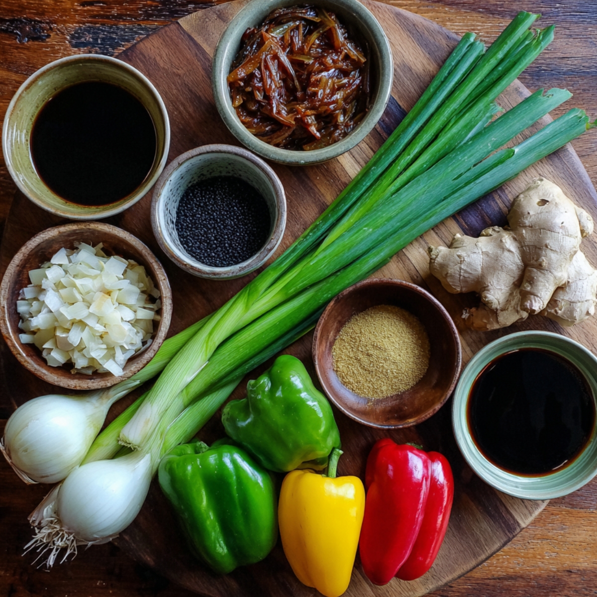Colorful bell peppers, green onions, ginger, soy sauce, black sesame seeds, and aromatics arranged on a round wooden board for Asian-style cooking