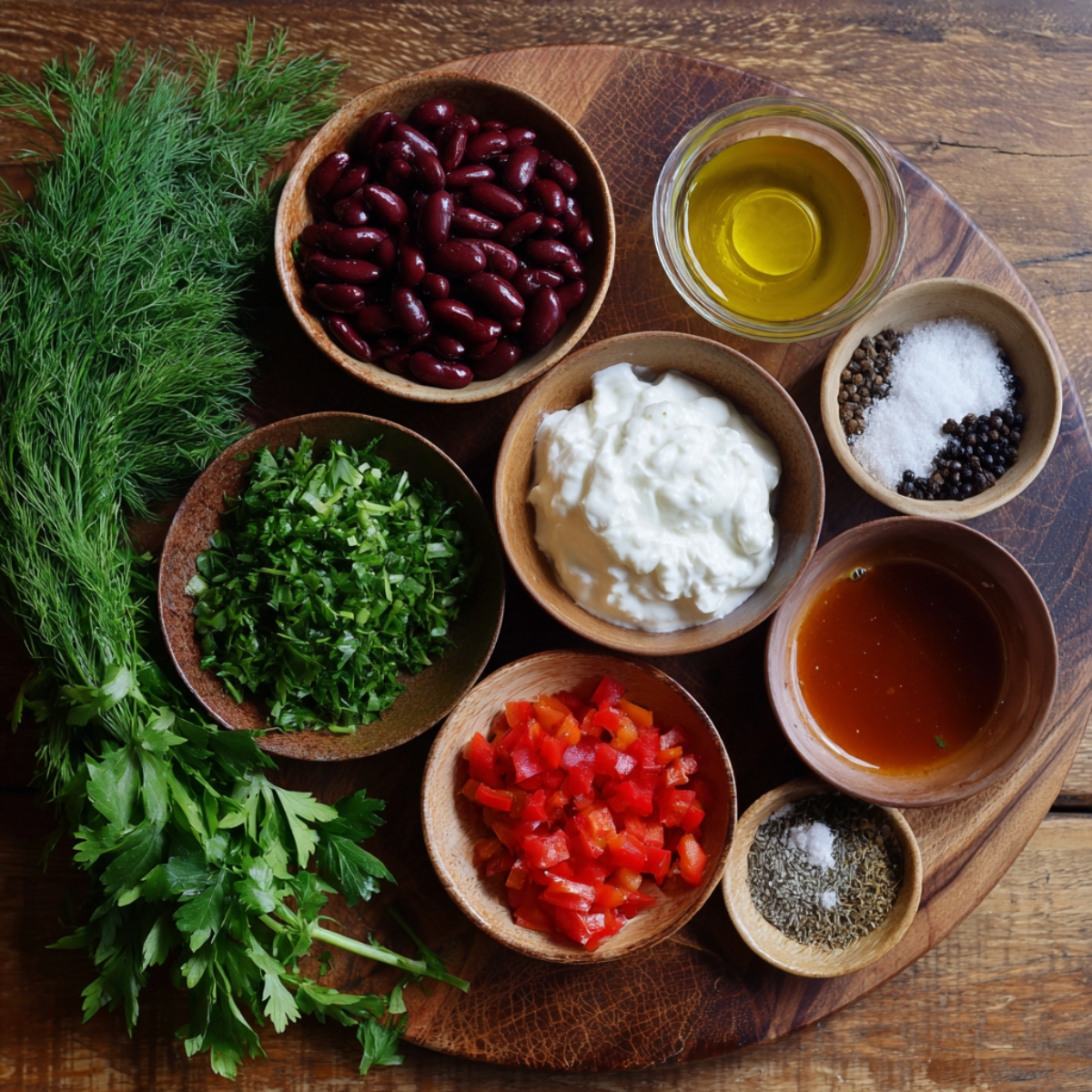 A wooden platter with small bowls of ingredients: red kidney beans, olive oil, sour cream, chopped herbs, diced red pepper, honey, salt, and pepper, along with fresh dill and parsley.