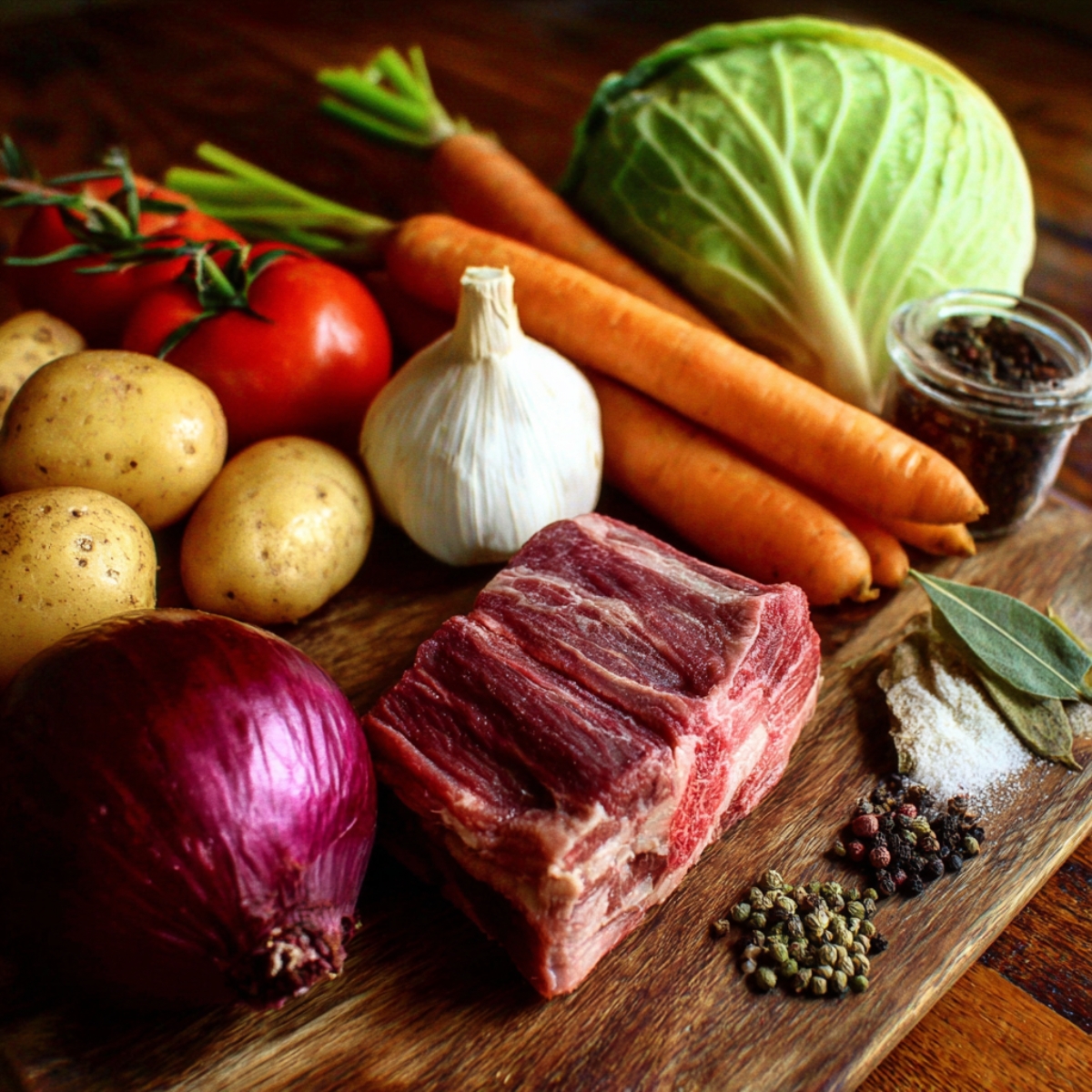 A cutting board with fresh ingredients: raw beef, potatoes, carrots, garlic, onion, tomatoes, cabbage, and seasonings.
