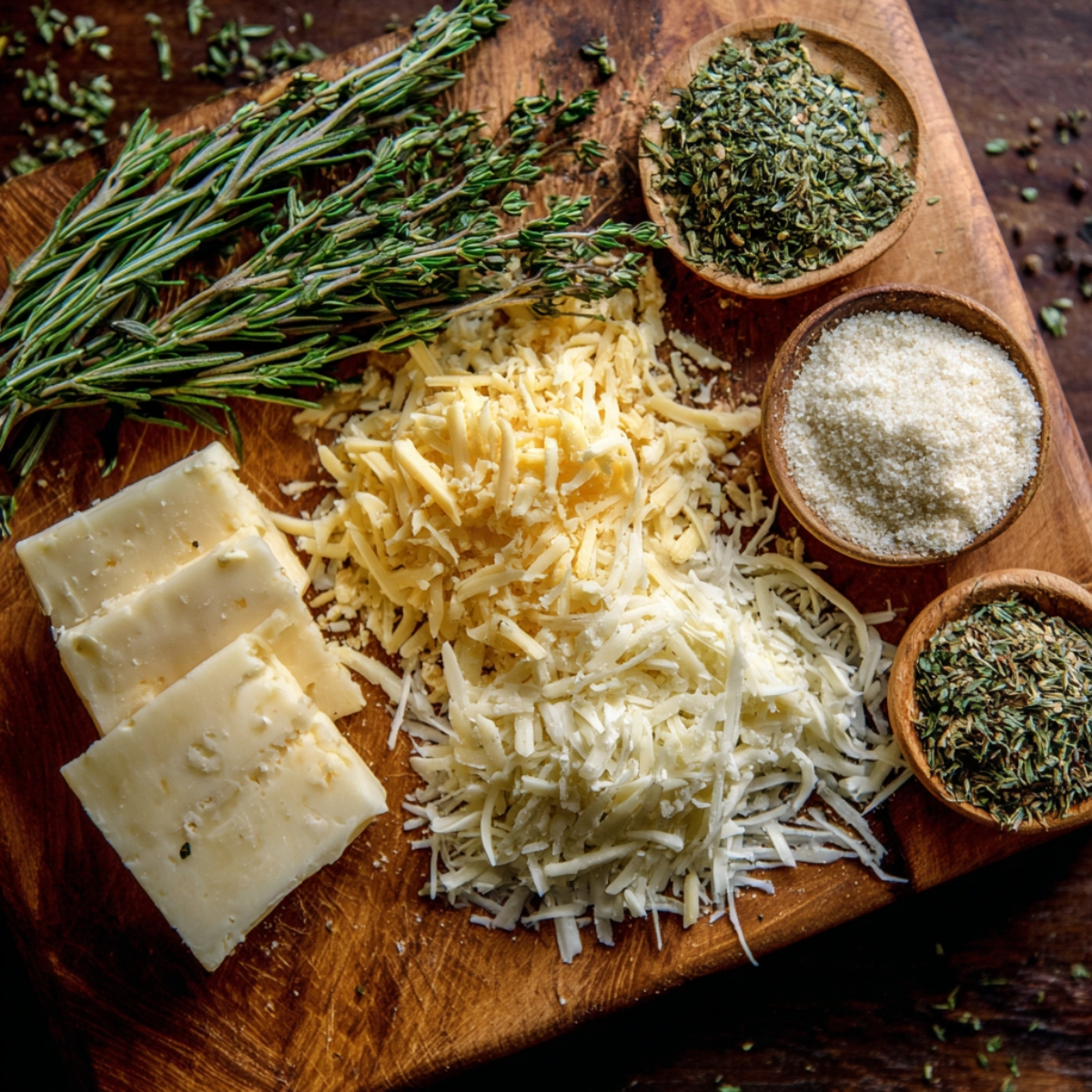 Wooden board with cheese varieties (shredded and block), grated parmesan, and fresh herbs like thyme and rosemary.