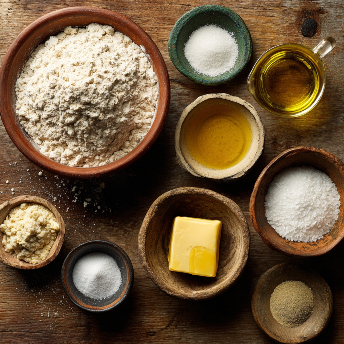 Rustic ingredients for bread making: flour, yeast, butter, oil, salt, sugar, and small bowls of seasonings on a wooden table.Rustic ingredients for bread making: flour, yeast, butter, oil, salt, sugar, and small bowls of seasonings on a wooden table.