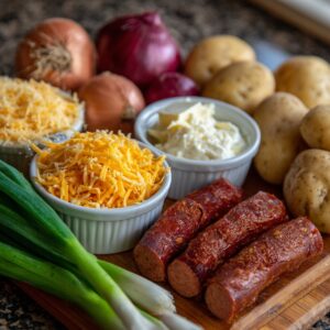 Ingredients for the dish – potatoes, onions, smoked sausage, shredded cheese, butter, and green onions arranged on a wooden board.