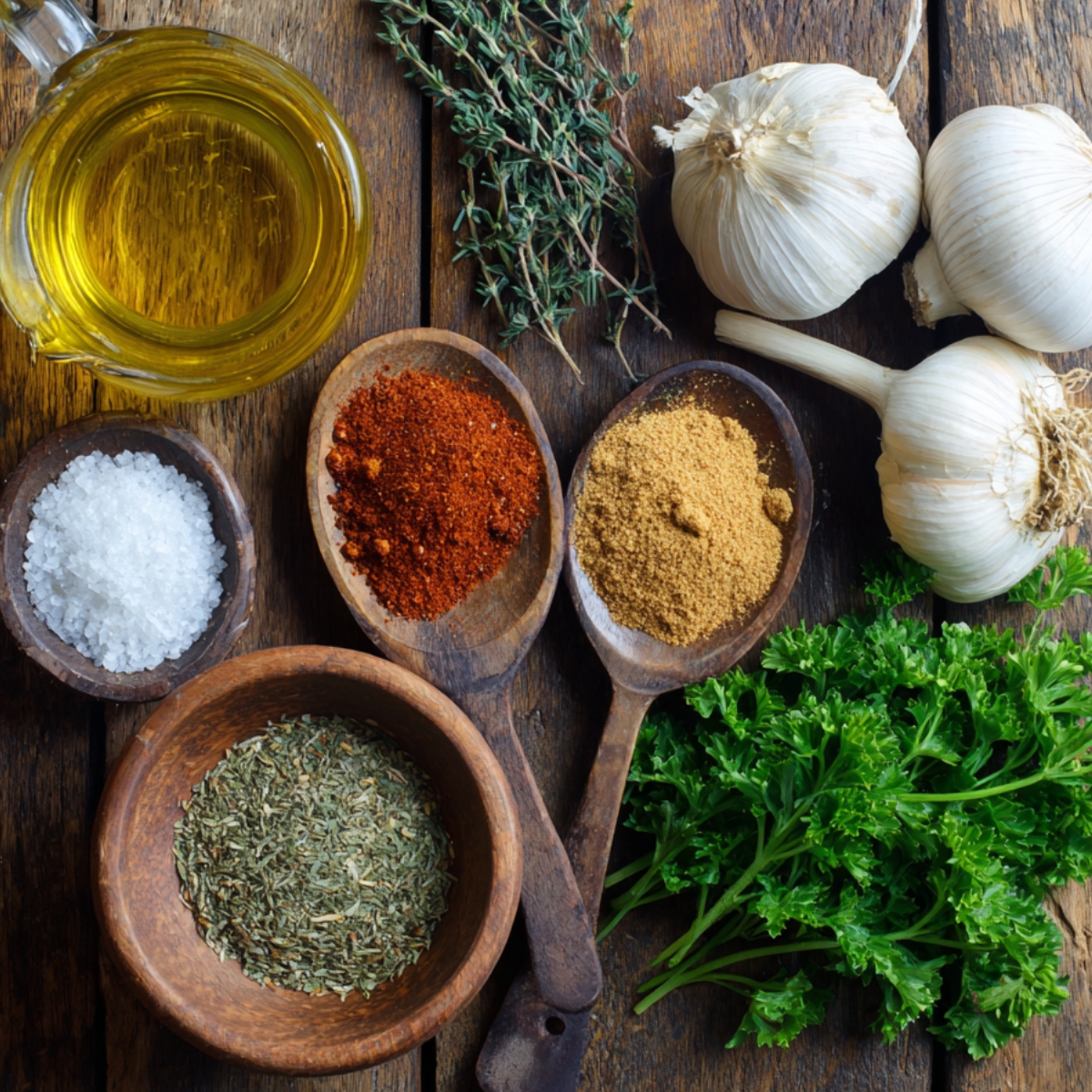 A rustic wooden table with bowls of coarse salt, paprika, cumin, thyme, parsley, garlic bulbs, and a glass jug of olive oil.