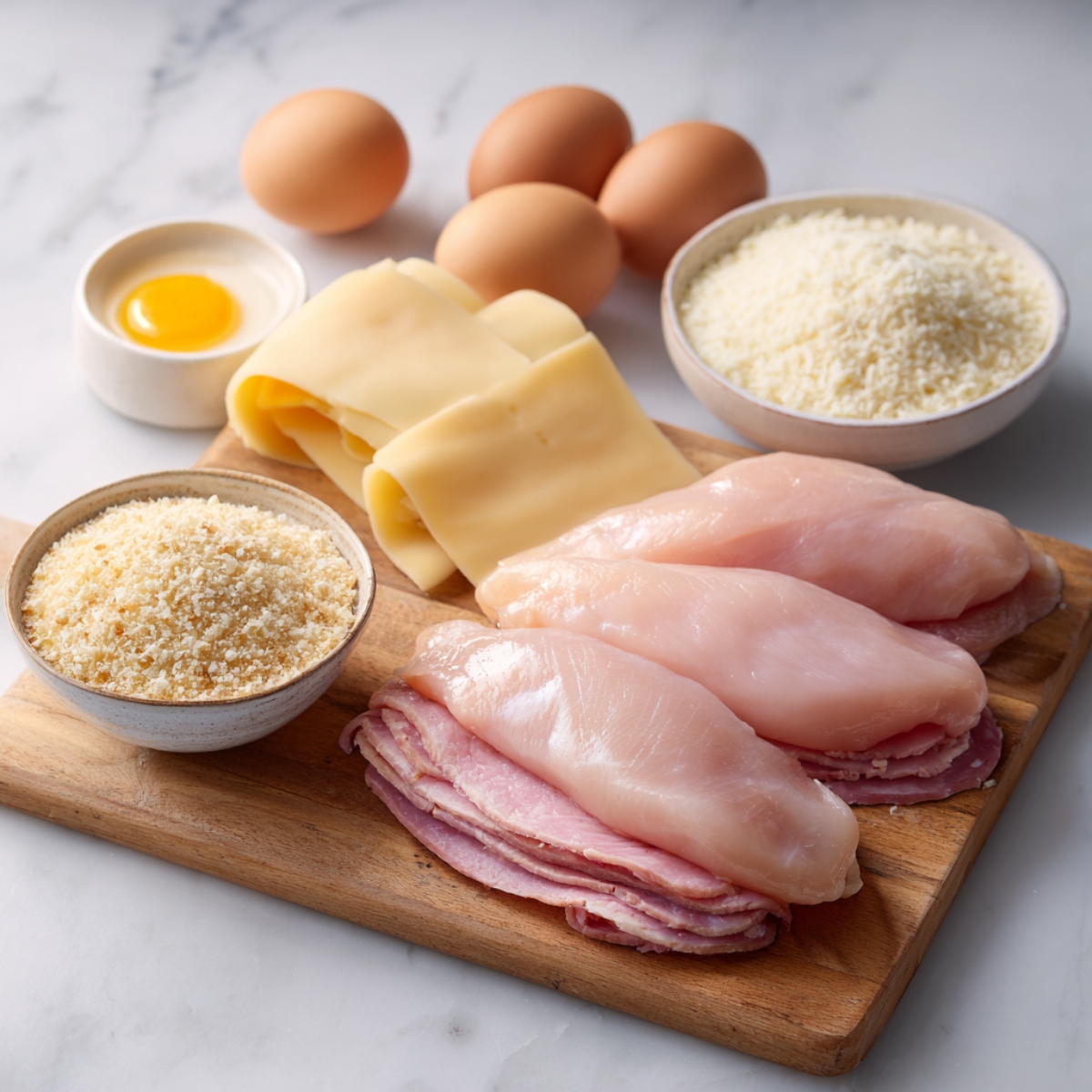 Raw ingredients for chicken cordon bleu including eggs, ham slices, Swiss cheese, panko, and raw chicken breasts on a marble counter.