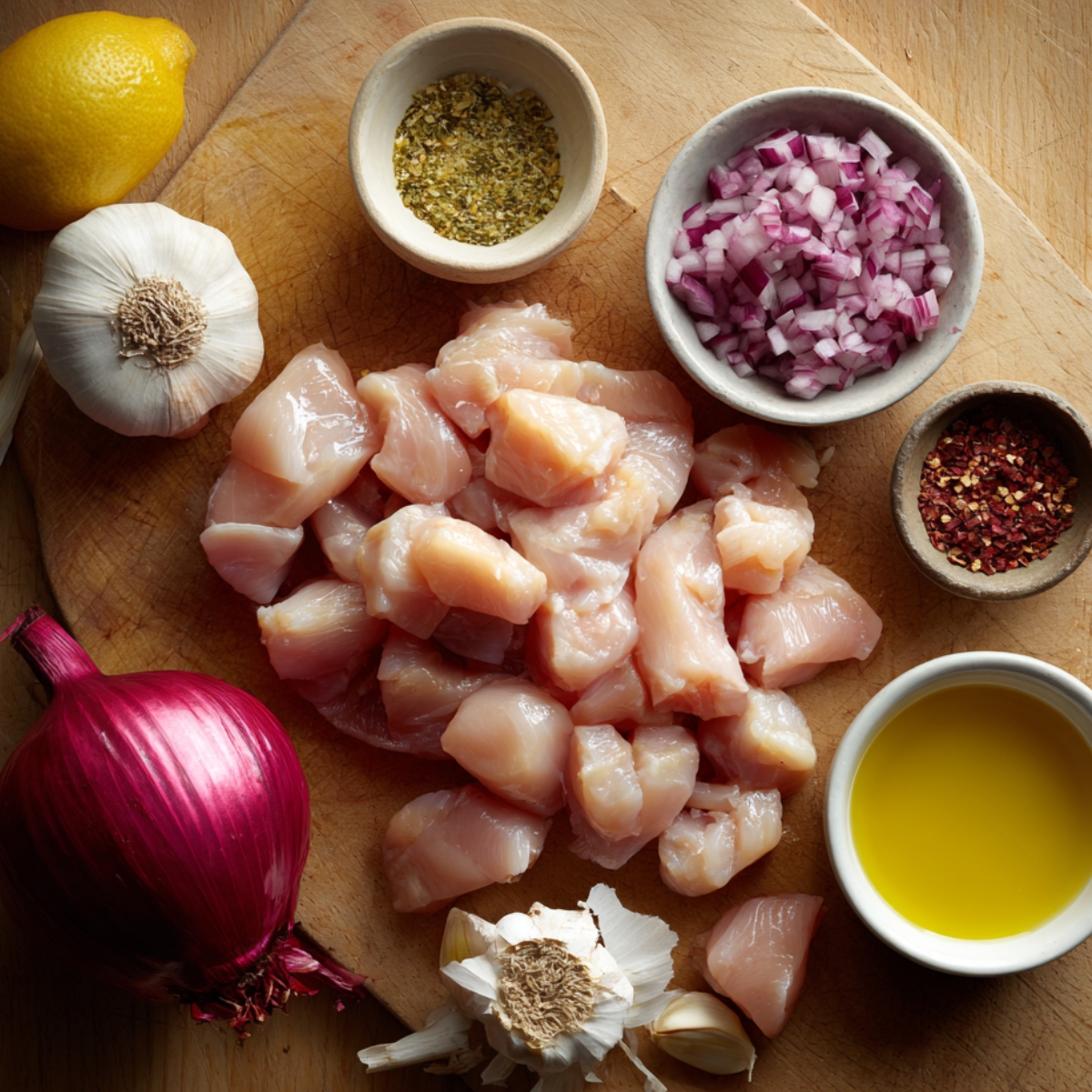 Top view of marinated chicken pieces with spices, herbs, and lemon wedges prepared for making chicken kebabs.