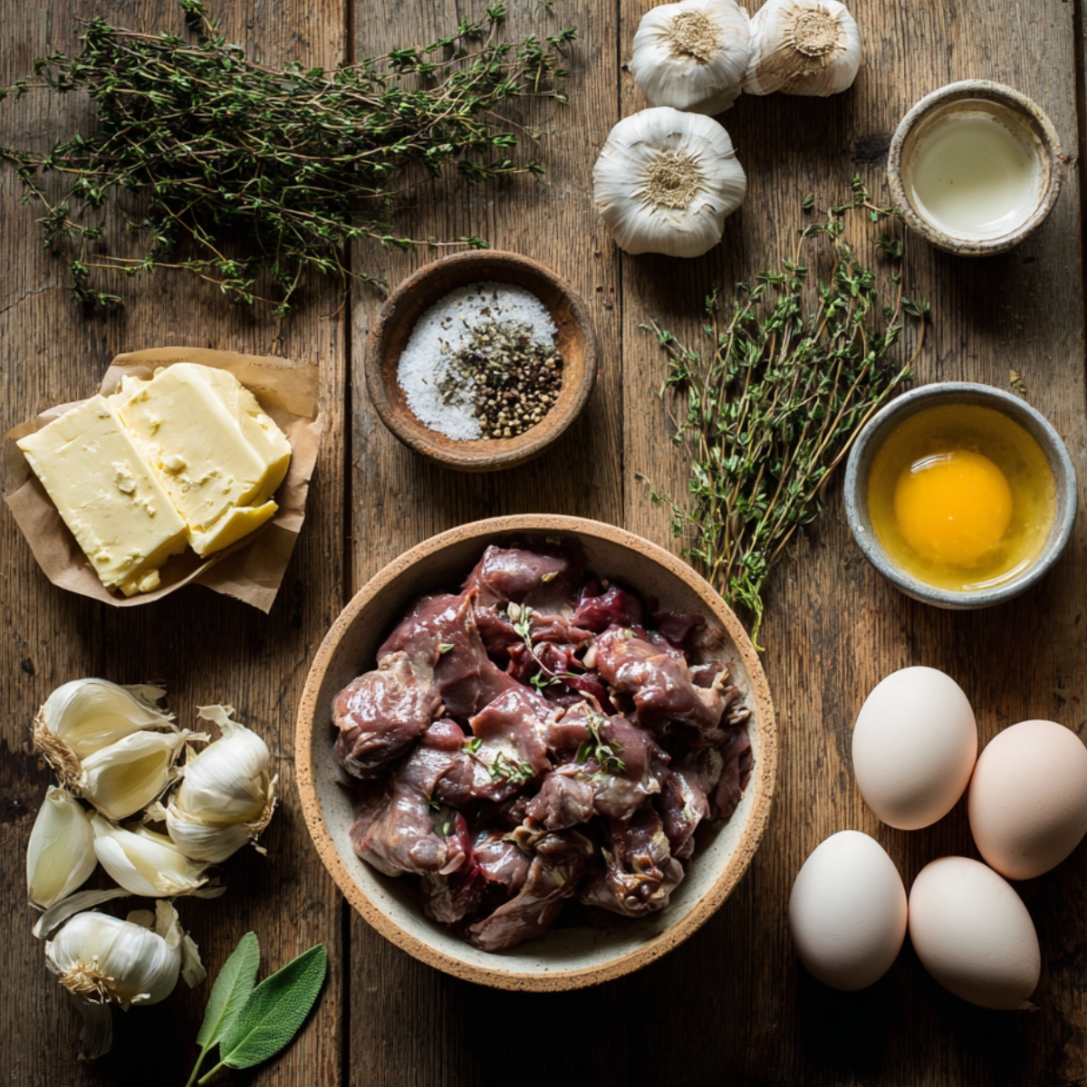 A rustic wooden table with fresh chicken livers in a bowl, surrounded by butter, garlic bulbs, fresh herbs, eggs, salt, pepper, and cream.