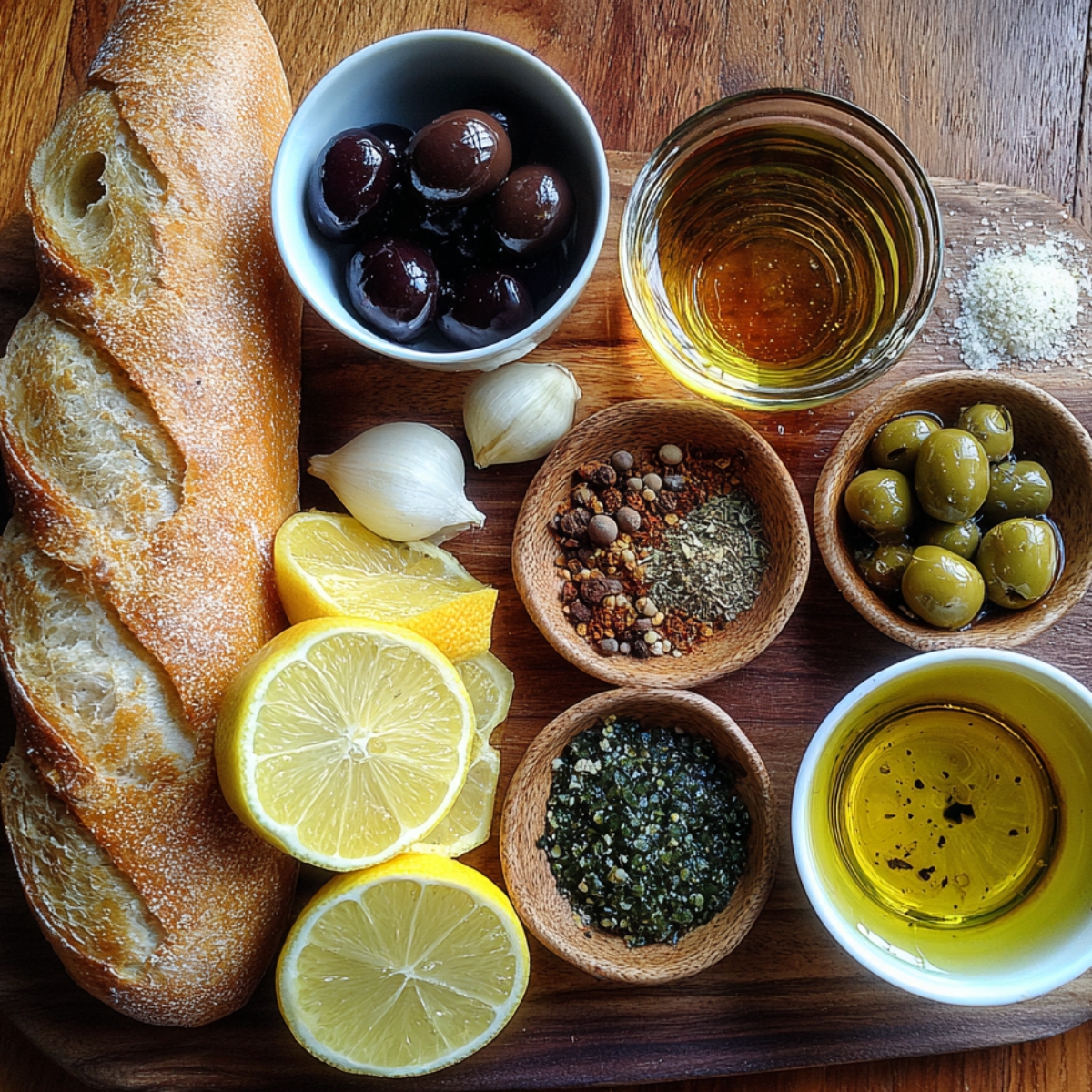 A wooden board displaying a baguette, lemon halves, garlic cloves, black and green olives, olive oil, spices, and seasonings in small bowls.