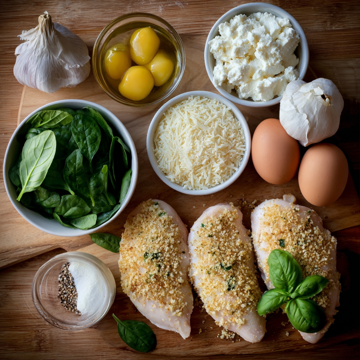 Overhead view of ingredients for stuffed chicken: fresh spinach leaves, garlic, ricotta, parmesan, eggs, seasonings, and breadcrumb-coated chicken breasts with basil garnish.