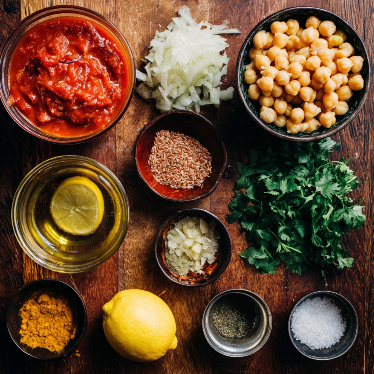 Flat lay of canned chickpeas, crushed tomatoes, and coconut milk arranged as the base ingredients.