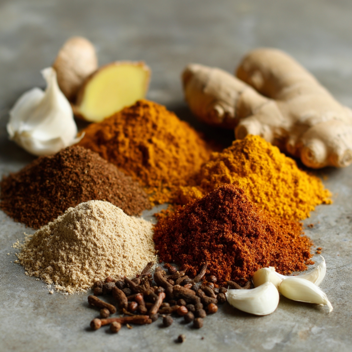 Flat lay of spices including garam masala, ground cumin, smoked paprika, and turmeric for the curry.