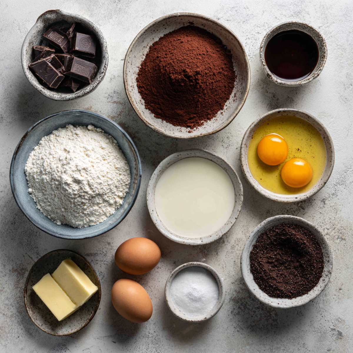 Pancake ingredients arranged in ceramic bowls, including eggs, flour, cocoa, butter, and milk.