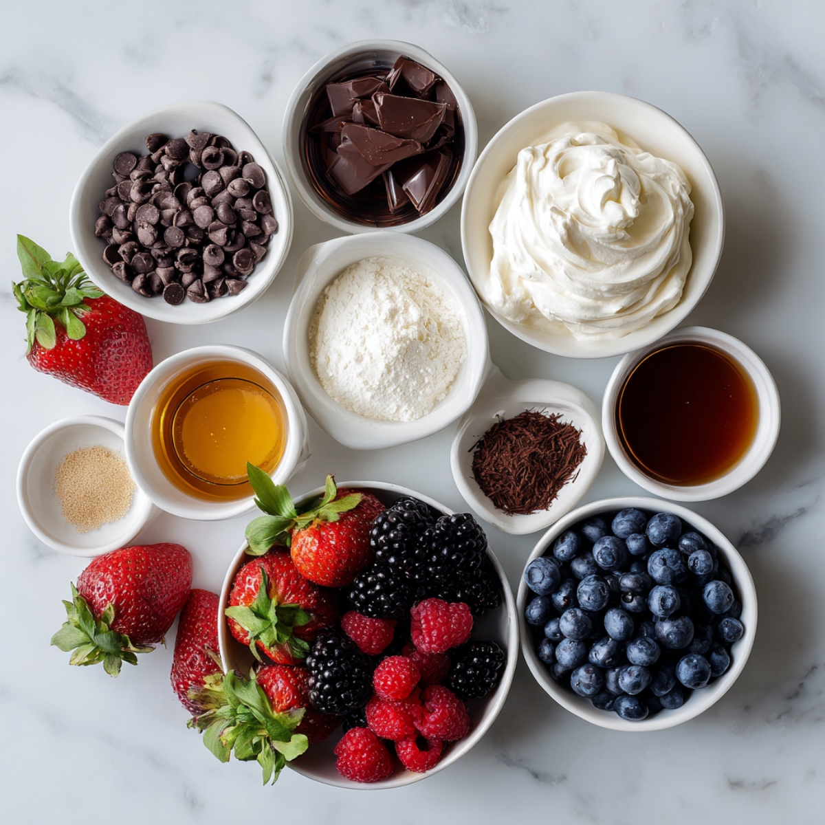 Dessert ingredients arranged in small bowls, including berries, strawberries, chocolate, flour, honey, and cream.