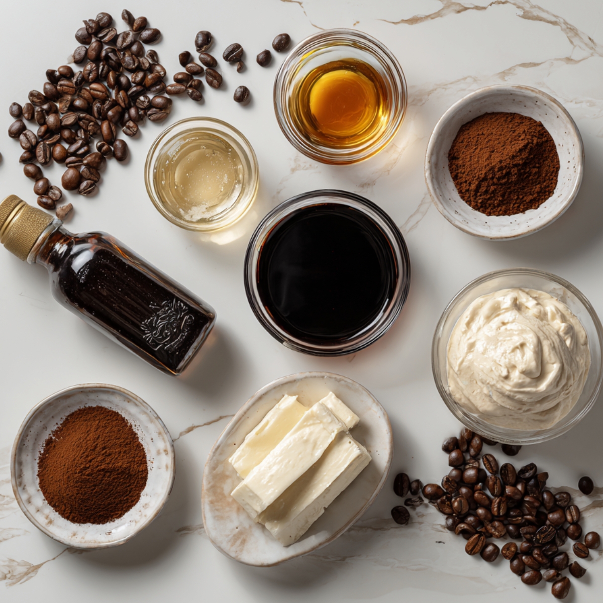 An overhead view of ingredients for making coffee panna cotta, including coffee beans, espresso, heavy cream, mascarpone cheese, vanilla extract, powdered gelatin, sugar syrup, and cocoa powder, all arranged neatly in small bowls on a white marble surface.