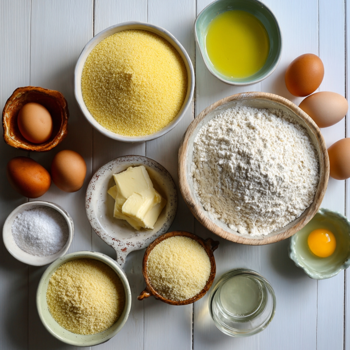 Ingredients for cornbread arranged on a white table: yellow cornmeal, flour, butter, eggs, salt, oil, and melted butter in bowls