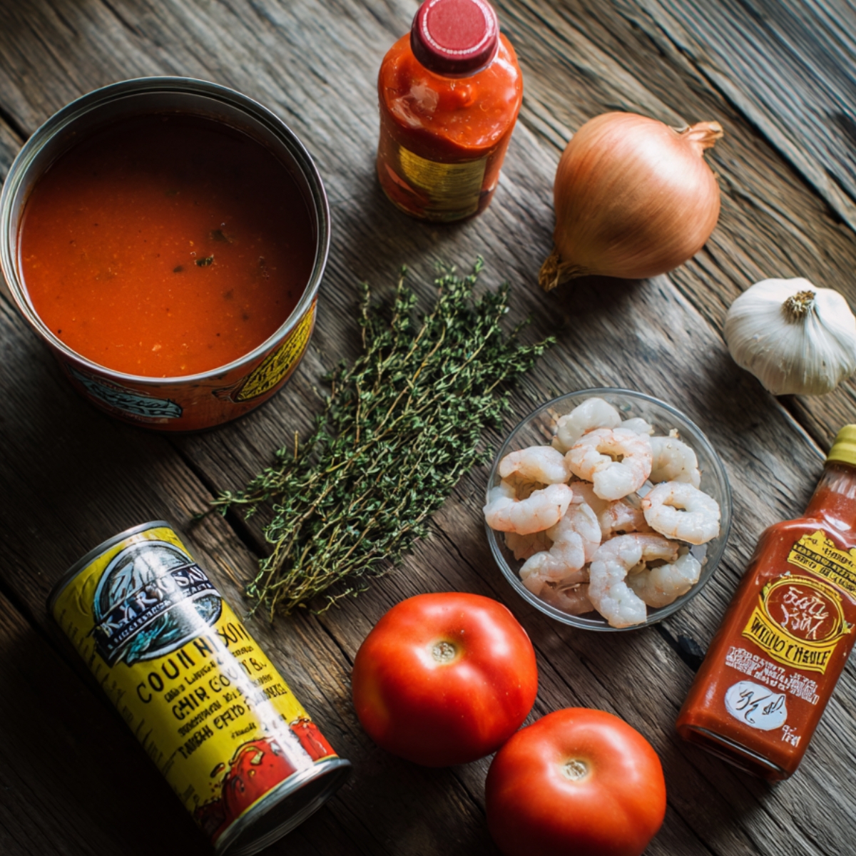 Rustic wooden surface with shrimp, fresh tomatoes, garlic, onion, thyme, canned tomato sauce, chili sauce, and Creole-style seasonings laid out for a seafood stew or gumbo base.