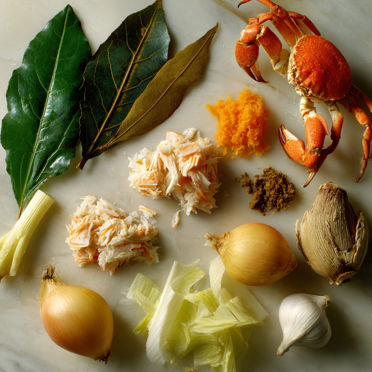Overhead view of fresh crab ingredients on a marble surface: cooked crab meat, a whole crab, bay leaves, garlic, onions, celery, crab roe, curry powder, and spices arranged for a seafood dish.