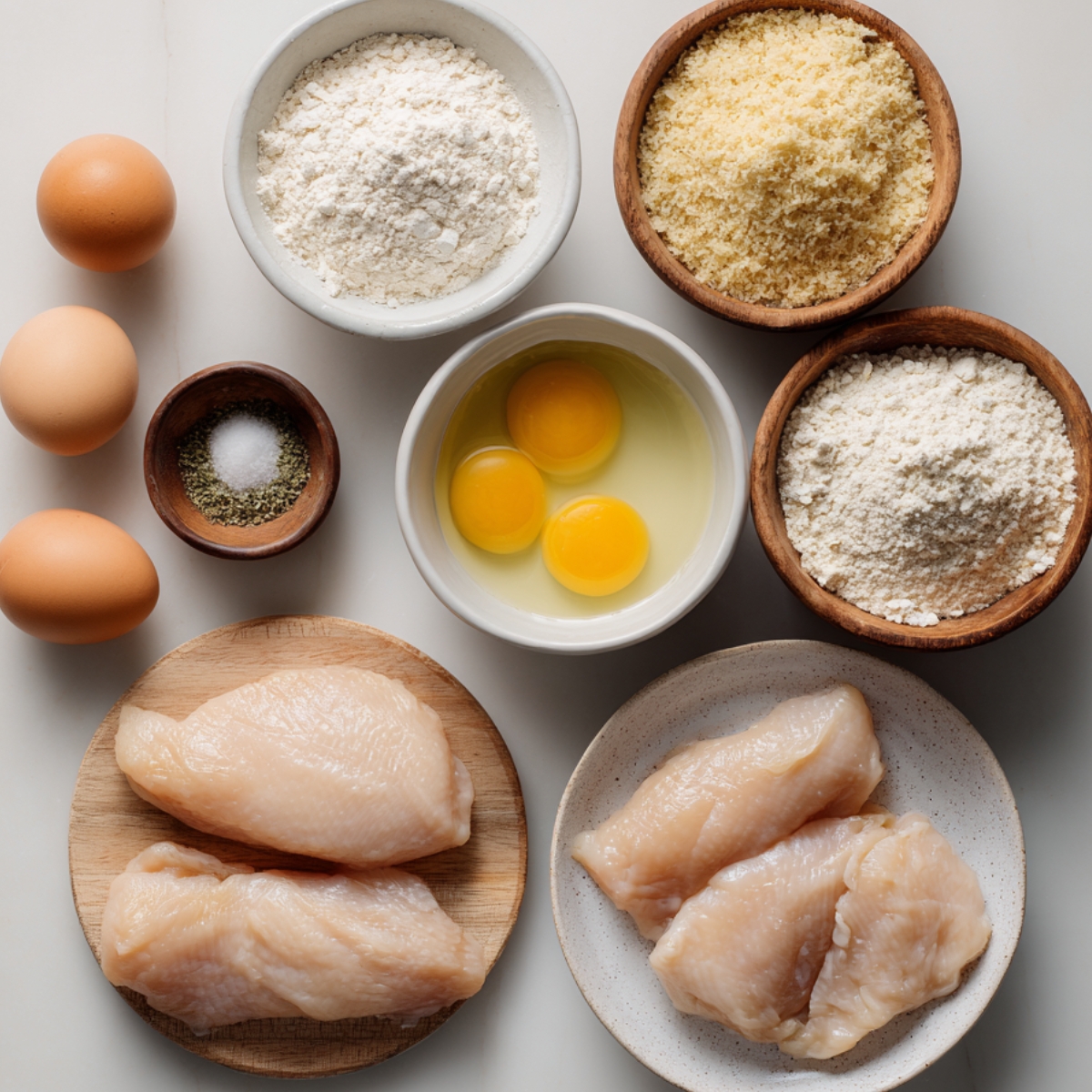 Fresh ingredients for breading chicken—eggs, flour, breadcrumbs, panko, seasoning, and raw chicken breasts arranged on a light surface.