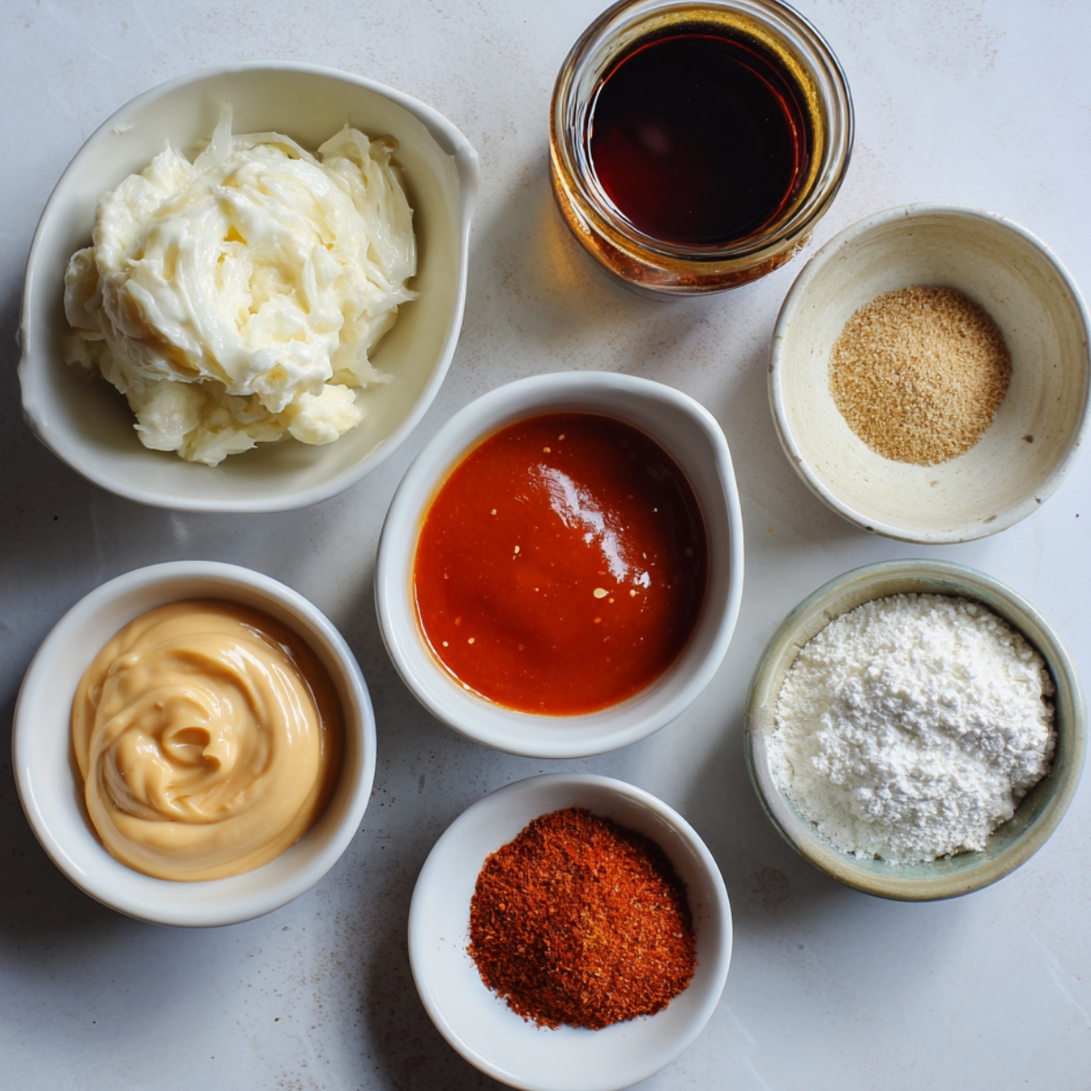 Small bowls filled with bang bang sauce ingredients including mayonnaise, sweet chili sauce, soy sauce, garlic powder, cornstarch, and paprika.
