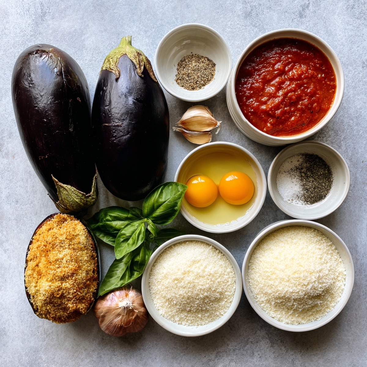 Main ingredients for eggplant Parmesan: eggplants, eggs, tomato sauce, grated cheese, breadcrumbs, garlic, fresh basil, and seasonings.