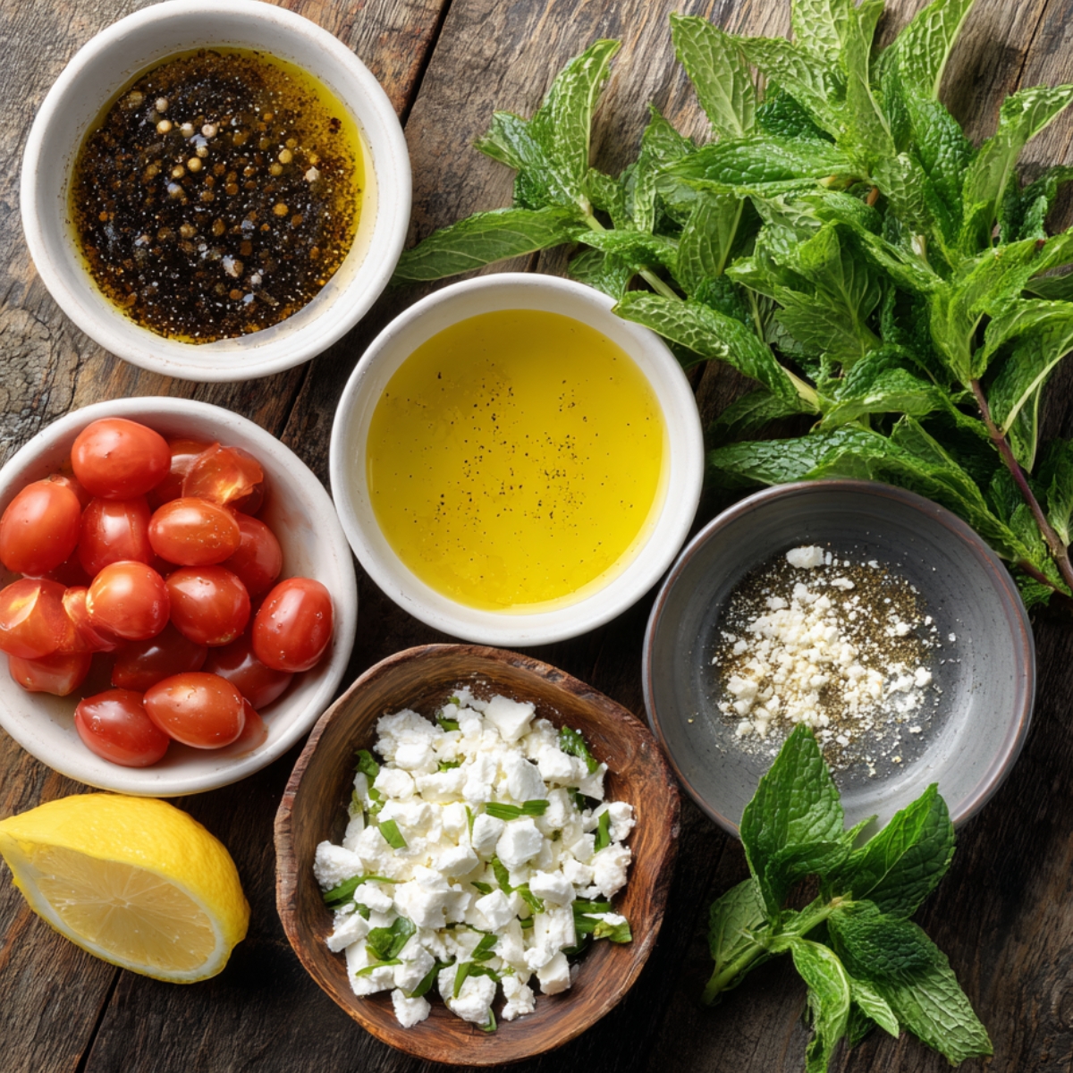 A variety of fresh ingredients for salad, including cherry tomatoes, olive oil, feta cheese, mint, lemon, and seasonings displayed in small bowls on a wooden surface.