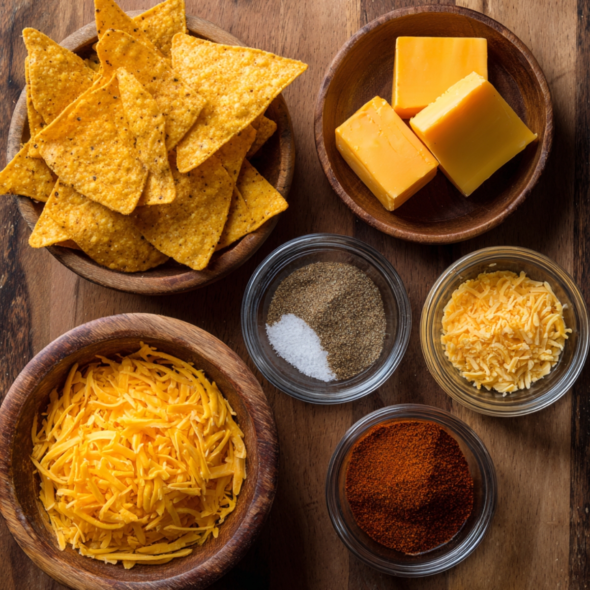Bowls of Doritos chips, shredded and block cheddar cheese, taco seasoning, and spices.