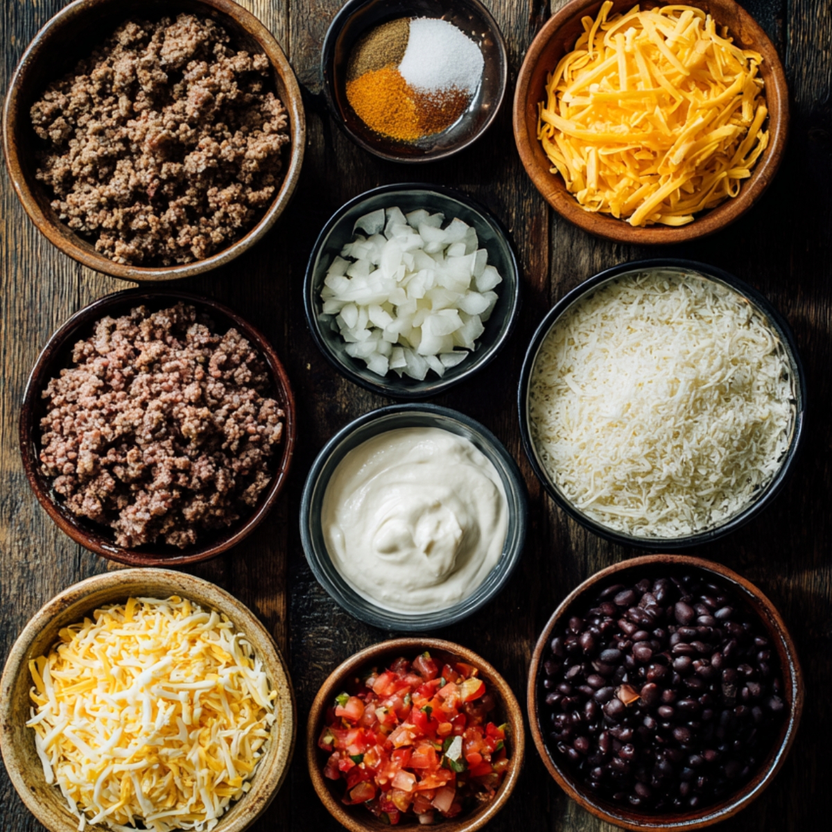 Bowls of cooked ground beef, diced onion, sour cream, shredded cheeses, black beans, and seasonings.