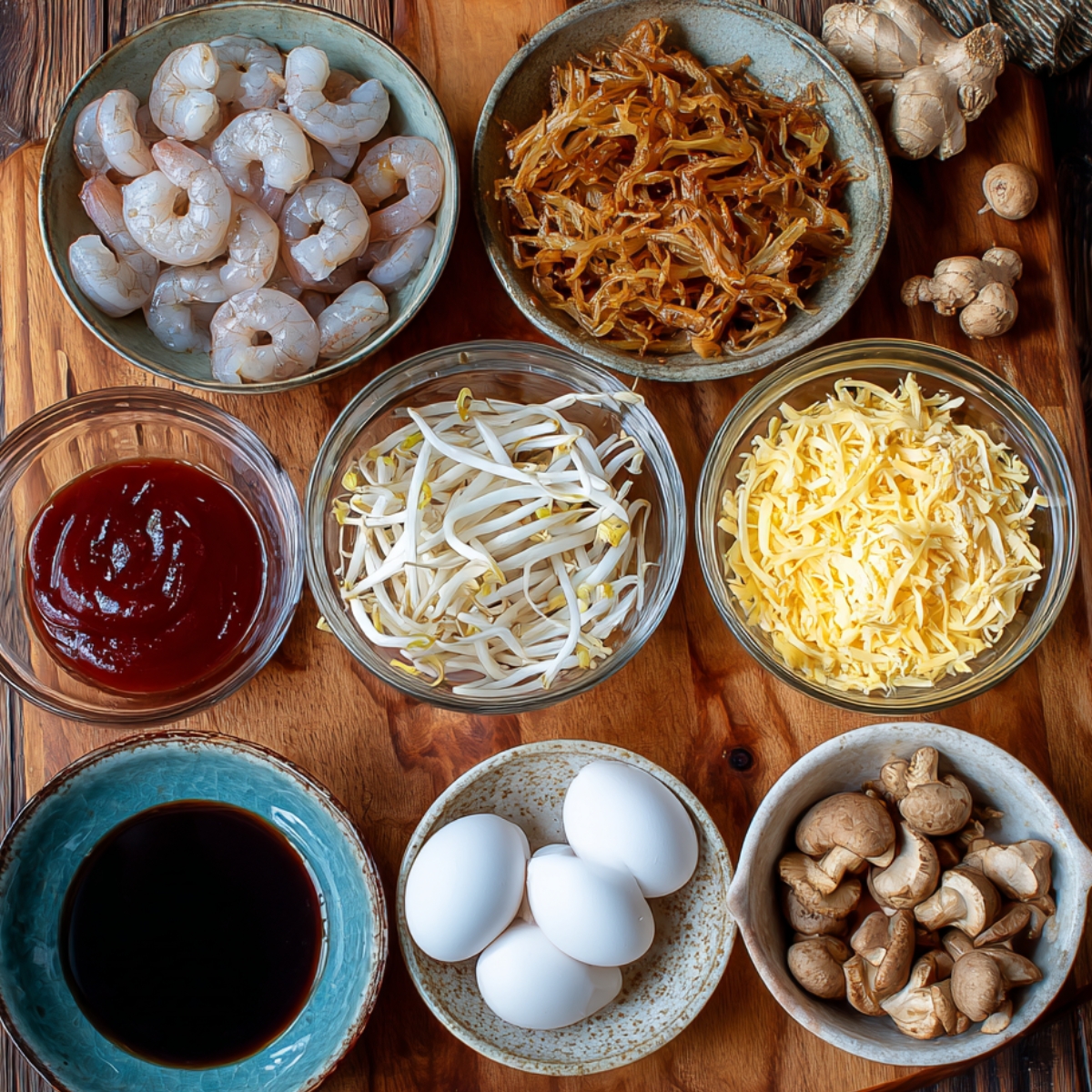 A wooden board displaying a variety of fresh egg roll filling ingredients, including raw shrimp, shredded mushrooms, bean sprouts, grated cheese, soy sauce, eggs, ginger, garlic, and hoisin sauce, all neatly arranged in bowls.
