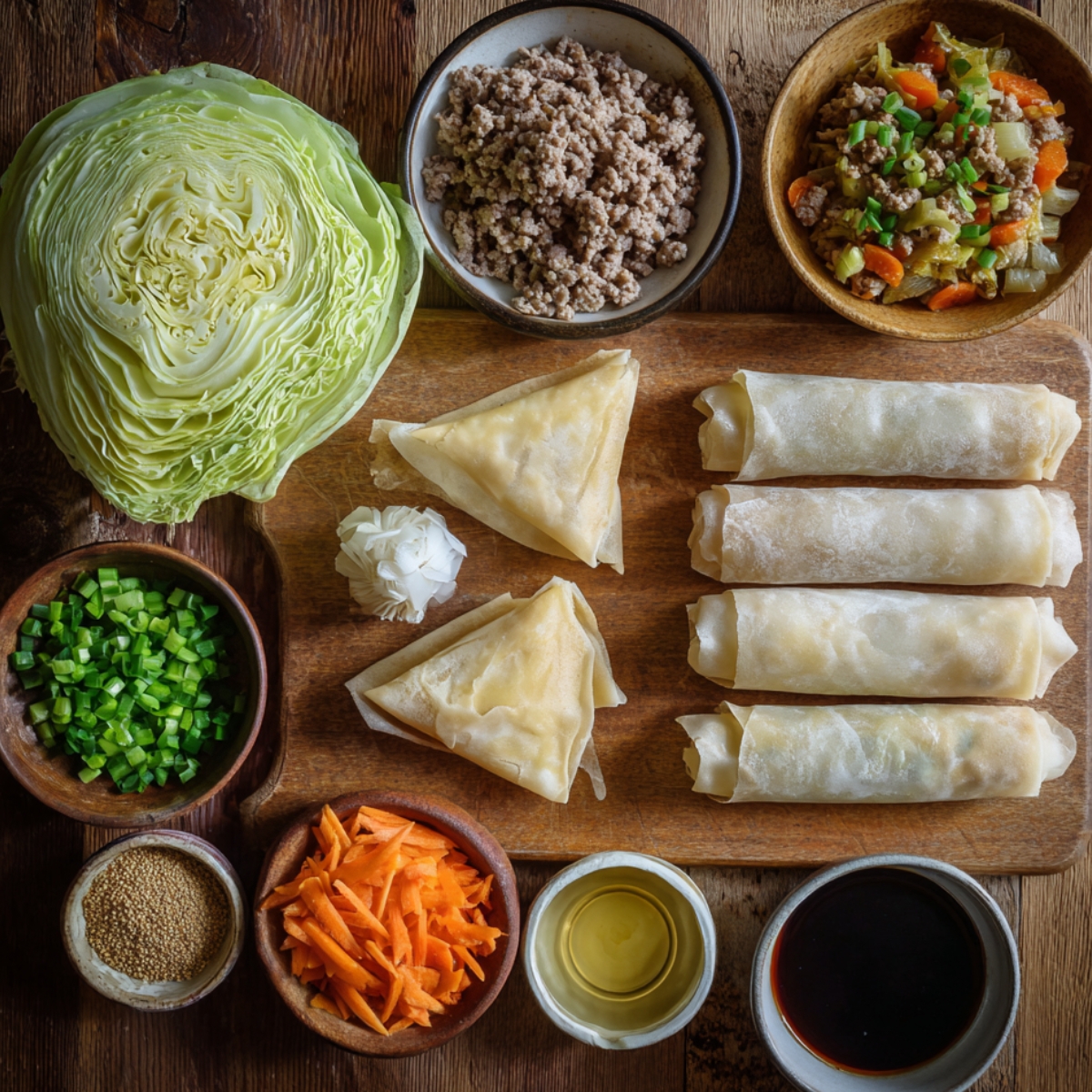A rustic board showcasing classic egg roll prep ingredients: halved green cabbage, shredded carrots, chopped green onions, sesame seeds, cooked ground meat, a vegetable mixture, and pre-rolled egg rolls ready to fry, with small bowls of oil, soy sauce, and garlic.
