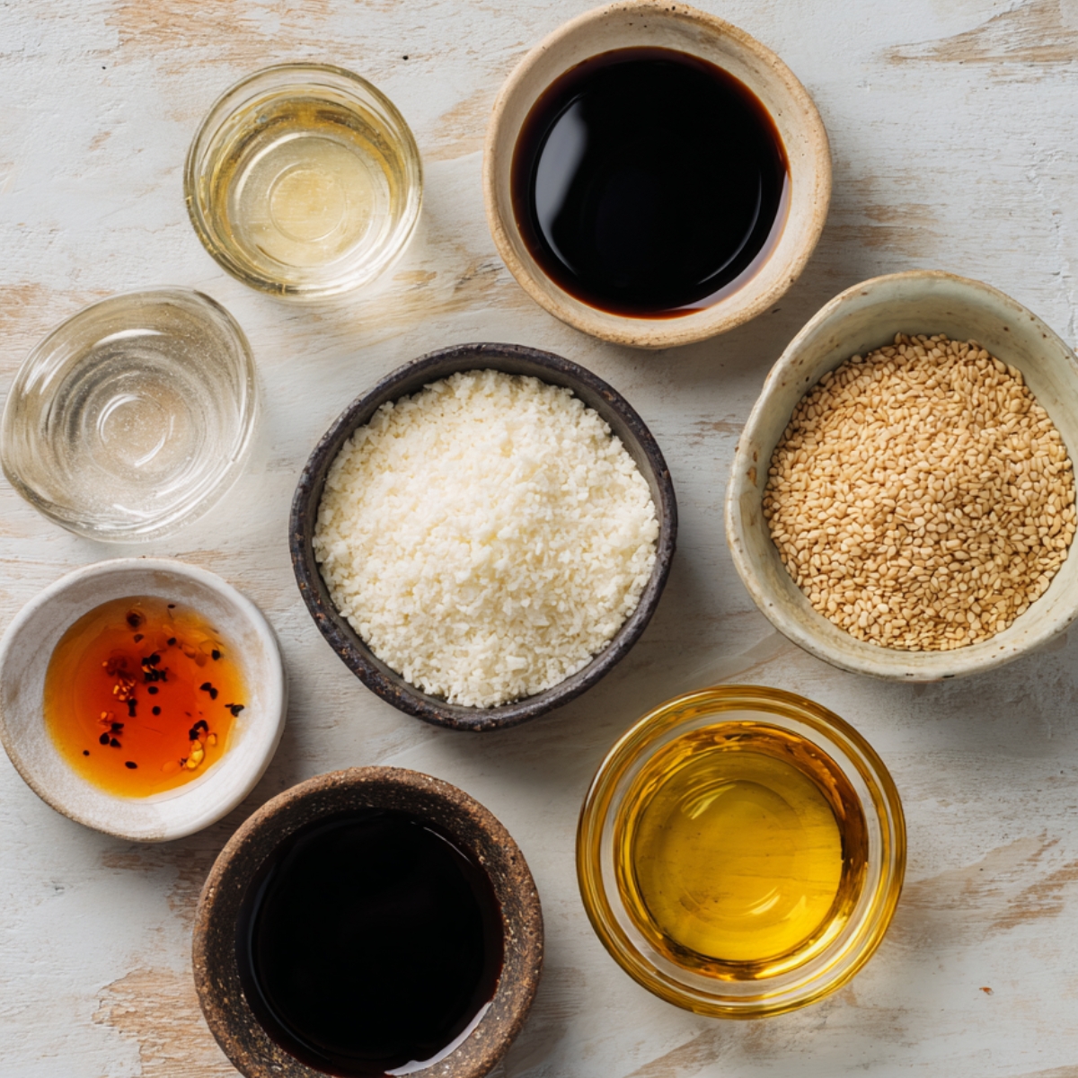 Various small bowls arranged on a light surface, filled with: neutral oil, rice vinegar, soy sauce, sesame seeds, chili oil, and other seasonings. These are the essential components for cooking and dipping dumplings.