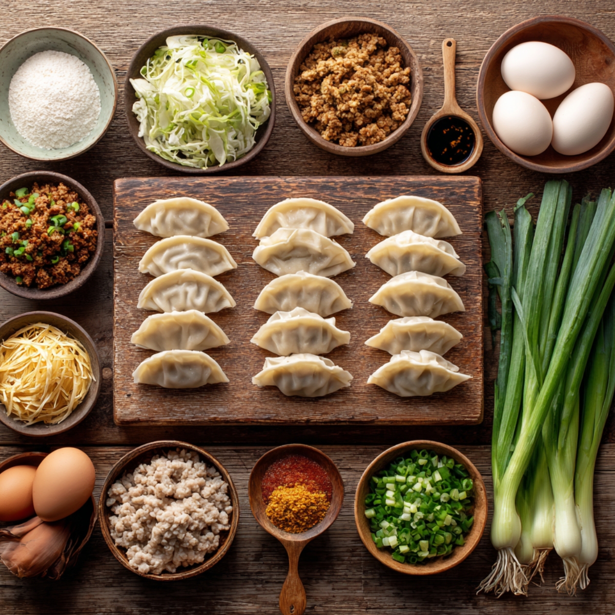 A rustic wood table with a neatly arranged flat lay of dumpling-making components. Includes folded dumplings, shredded napa cabbage, green onions, ground pork, eggs, wrappers, soy sauce, and seasonings like ginger and garlic. A full prep station for homemade dumplings.