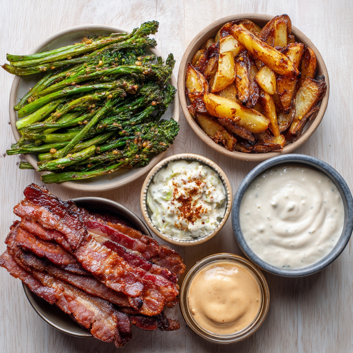 A spread including roasted broccolini, golden potato wedges, crispy bacon strips, coleslaw, creamy dipping sauces, and a small jar of spicy mayo.