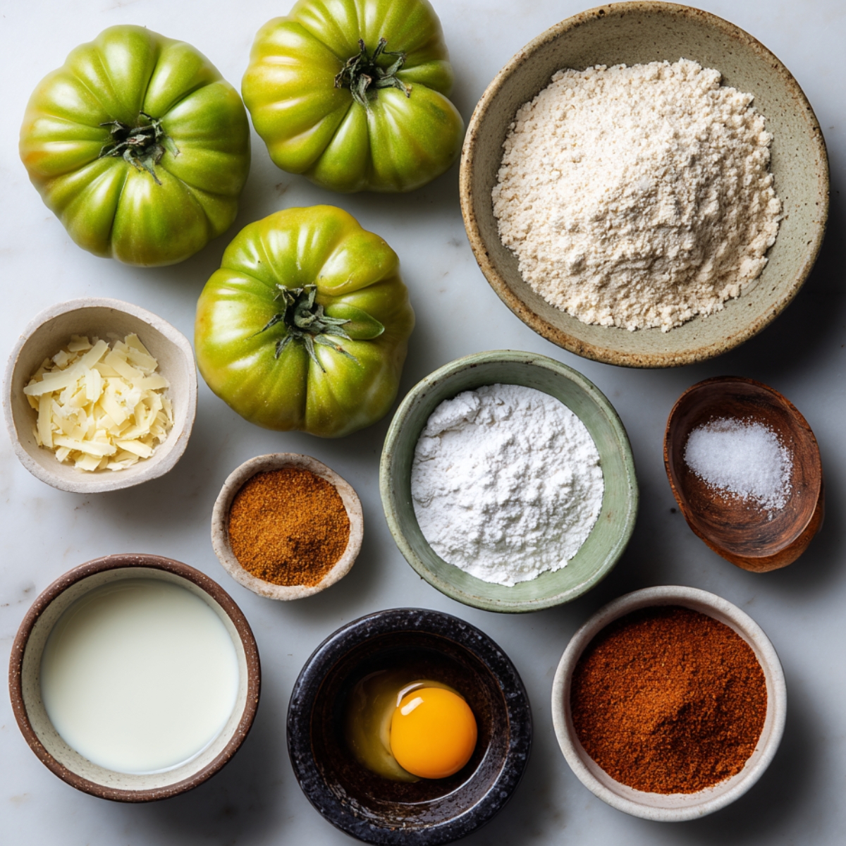 Green heirloom tomatoes surrounded by bowls of flour, cornmeal, shredded cheese, seasoning spices, an egg, milk, and salt.