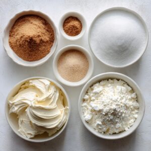 Assortment of white bowls filled with granulated sugar, light brown sugar, dark brown sugar, and flour. A large bowl of whipped buttercream is placed beside them. Everything is neatly arranged on a clean white surface.