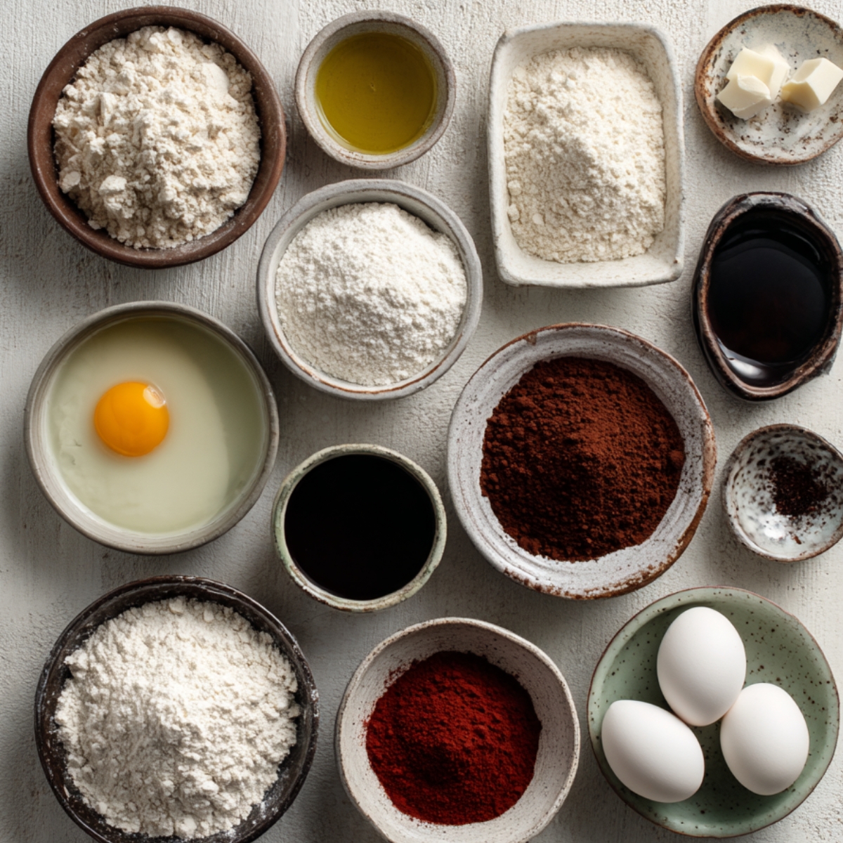 Overhead shot of cake ingredients: eggs, butter, flour, and red powder. Items are arranged on parchment paper over a rustic wooden surface. Whisks and a small red bottle complete the setup.